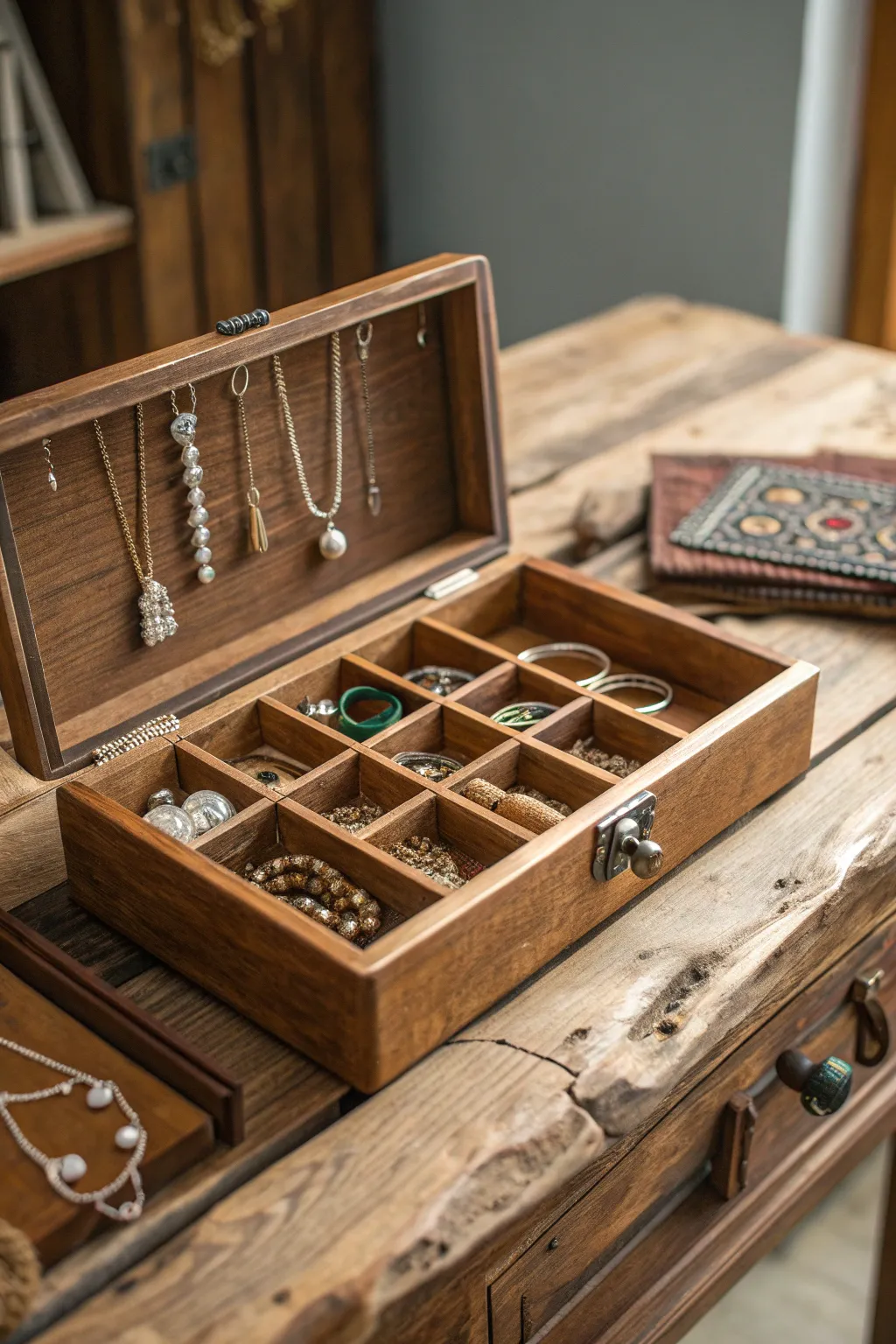 Elevate your space with this handcrafted wooden jewelry organizer, a perfect blend of elegance and functionality.