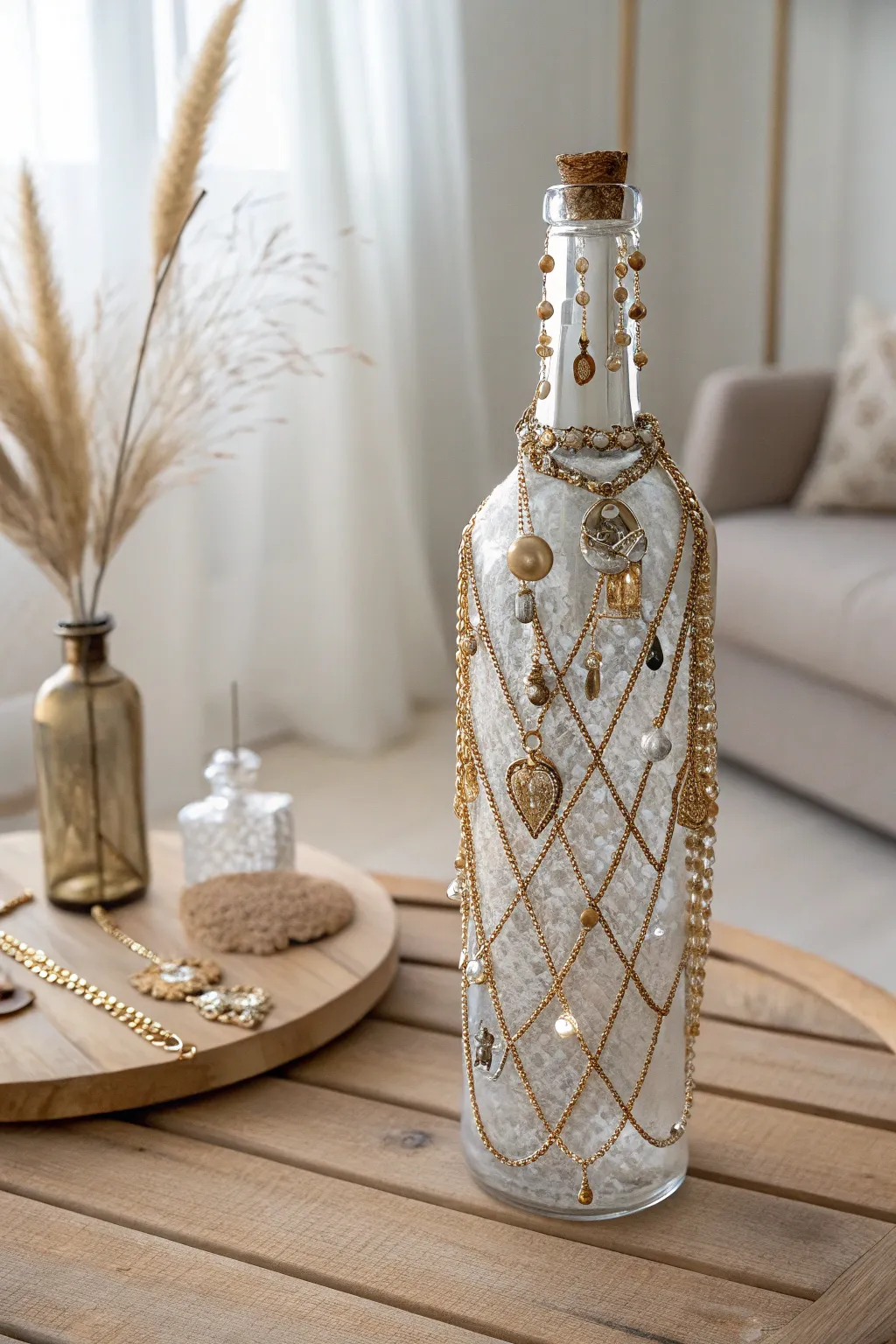Transform ordinary bottles into chic decor with a touch of jewelry elegance.