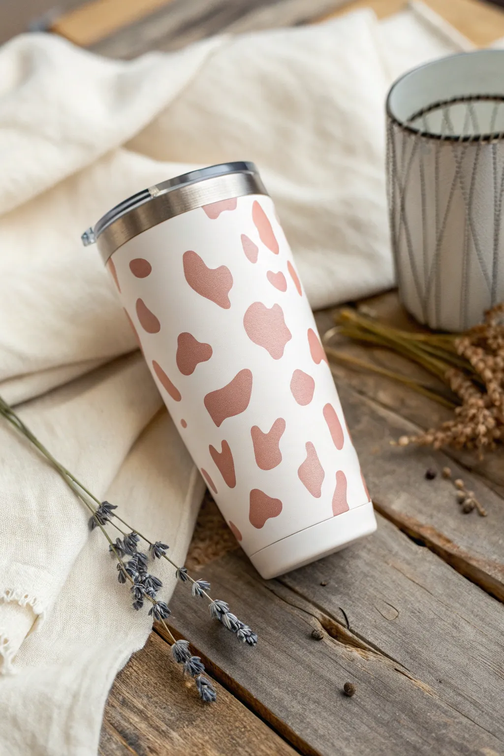 Blend rustic charm with Scandinavian simplicity: a cow print tumbler that brings country warmth to your kitchen.