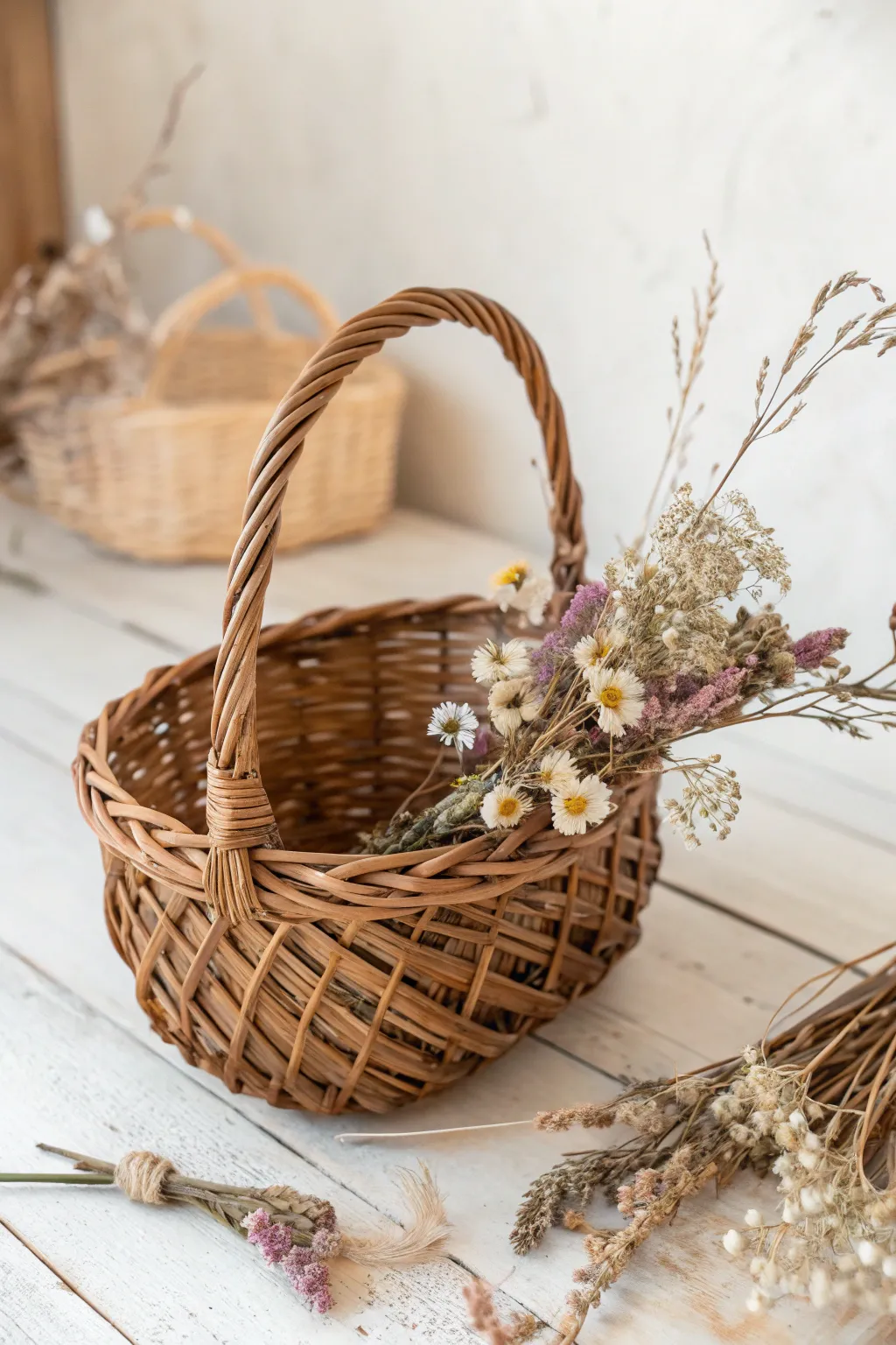 Embrace the beauty of nature with this elegantly crafted basket, blending rustic twigs and dried flowers for a touch of outdoor charm.