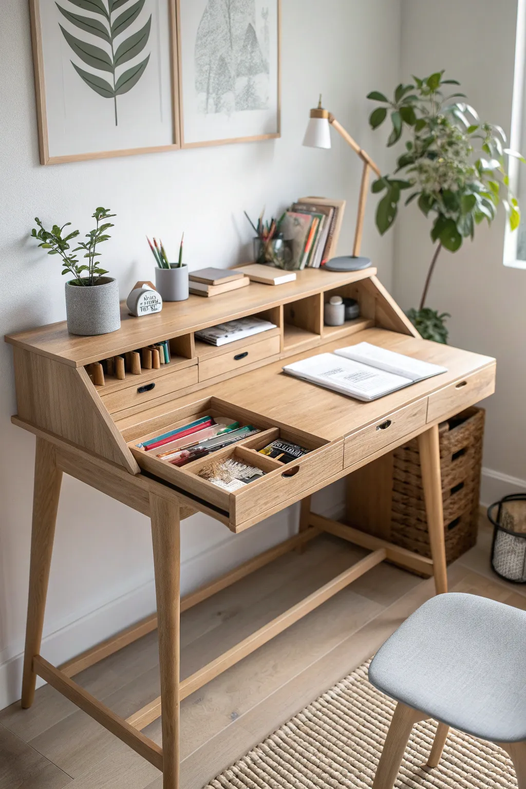 Discover the elegance of hidden storage in your craft nook with this stunning pull-out shelf solution.
