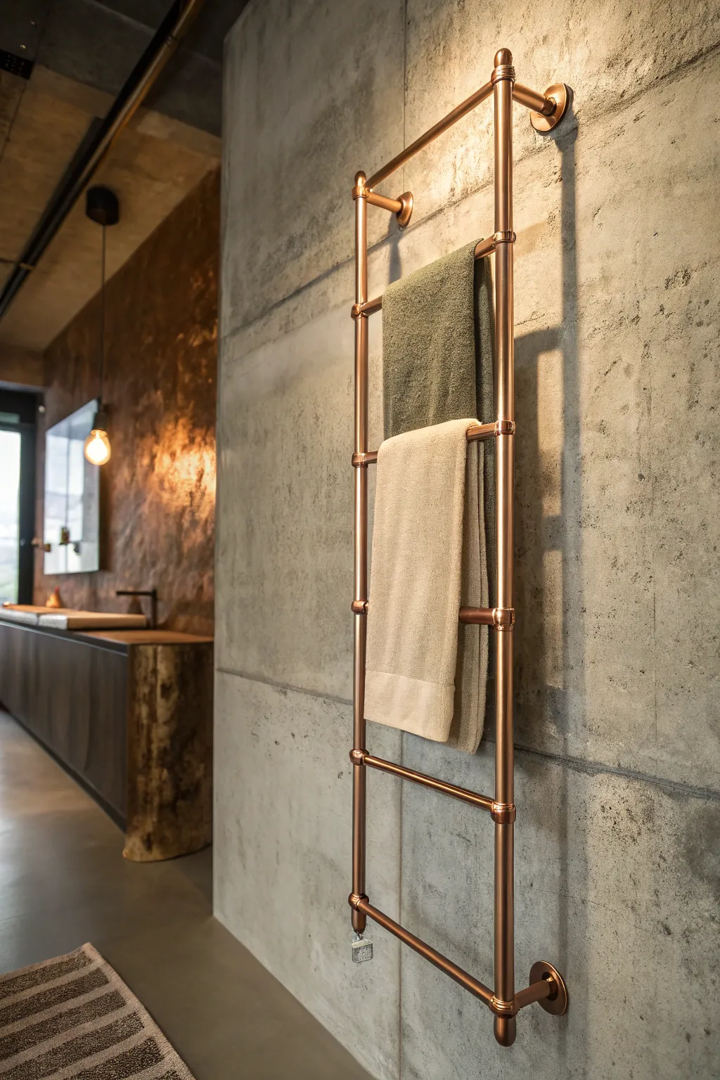 Elevate your bathroom decor with a handcrafted copper pipe towel rack that exudes modern elegance and fine craftsmanship.