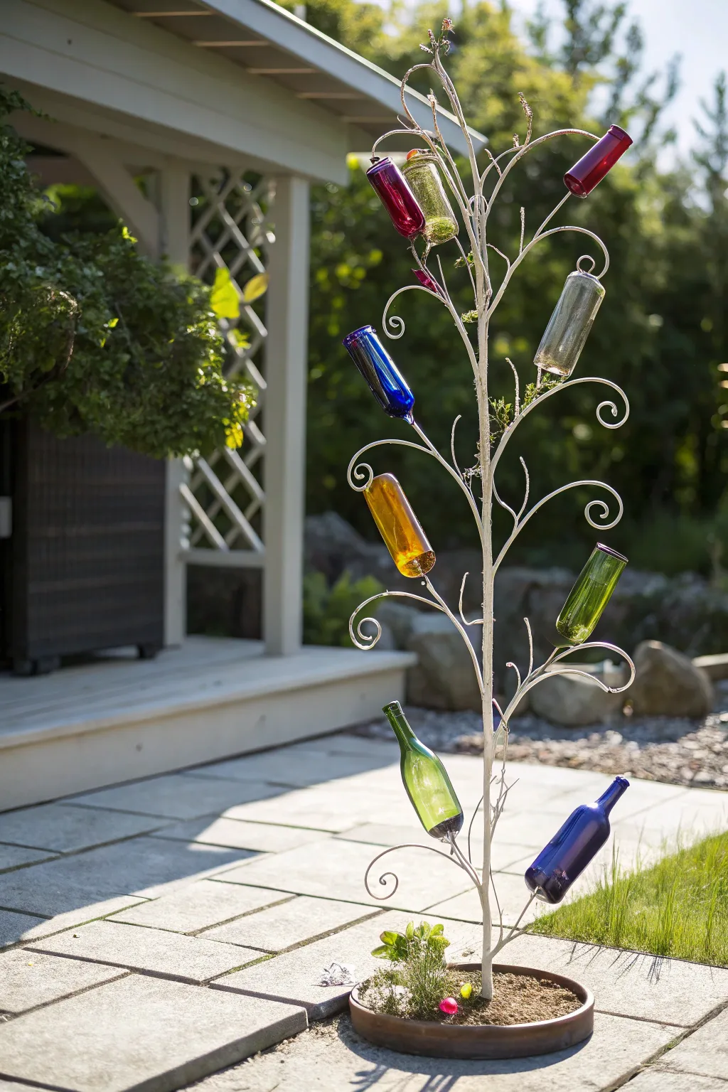 Transform your garden into an artistic oasis with this stunning bottle tree installation.