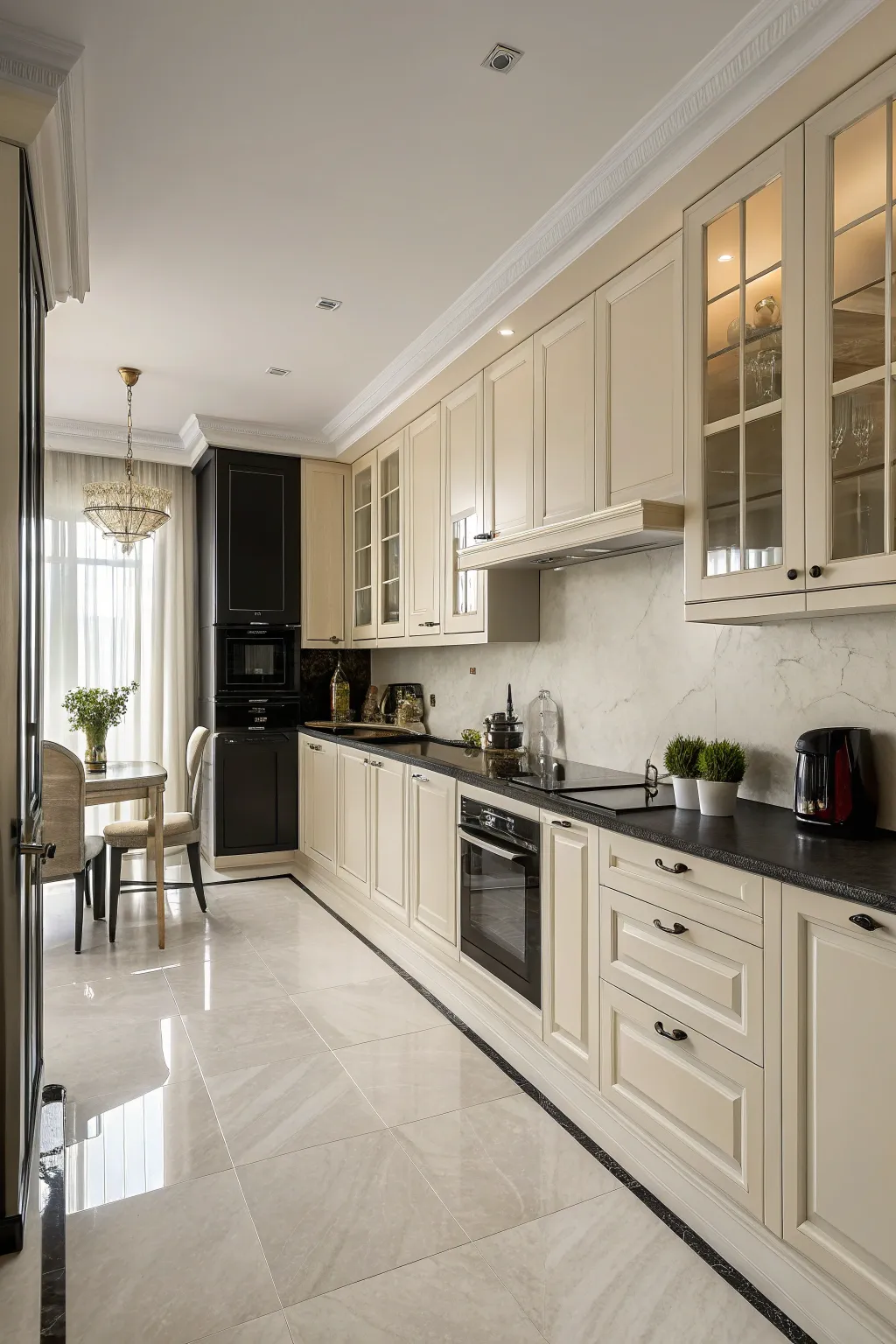 A monochrome palette creates a serene and unified kitchen space.