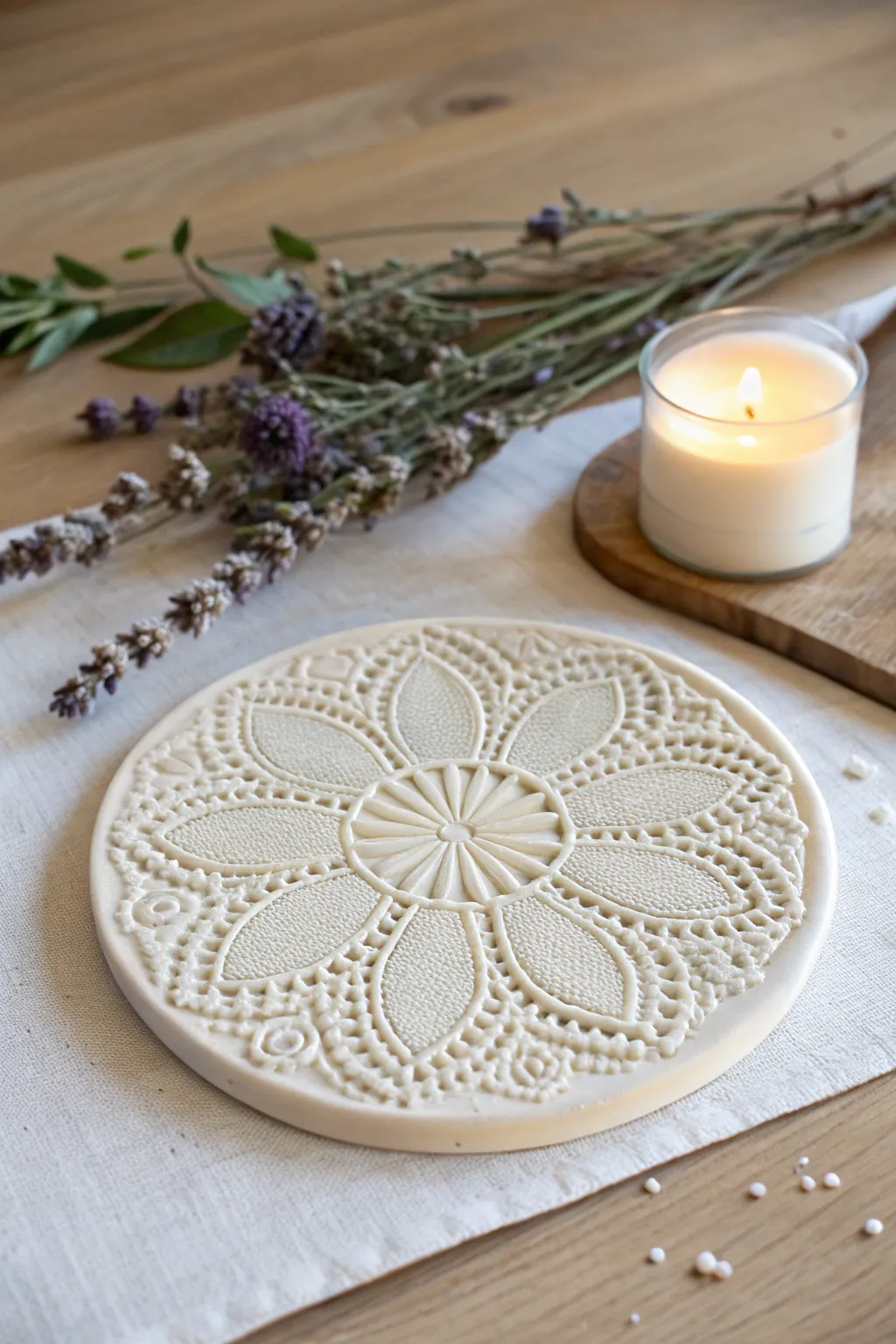 Embrace nostalgia with a handcrafted lace-patterned clay trivet, perfect for adding a touch of vintage elegance to your minimalist decor.