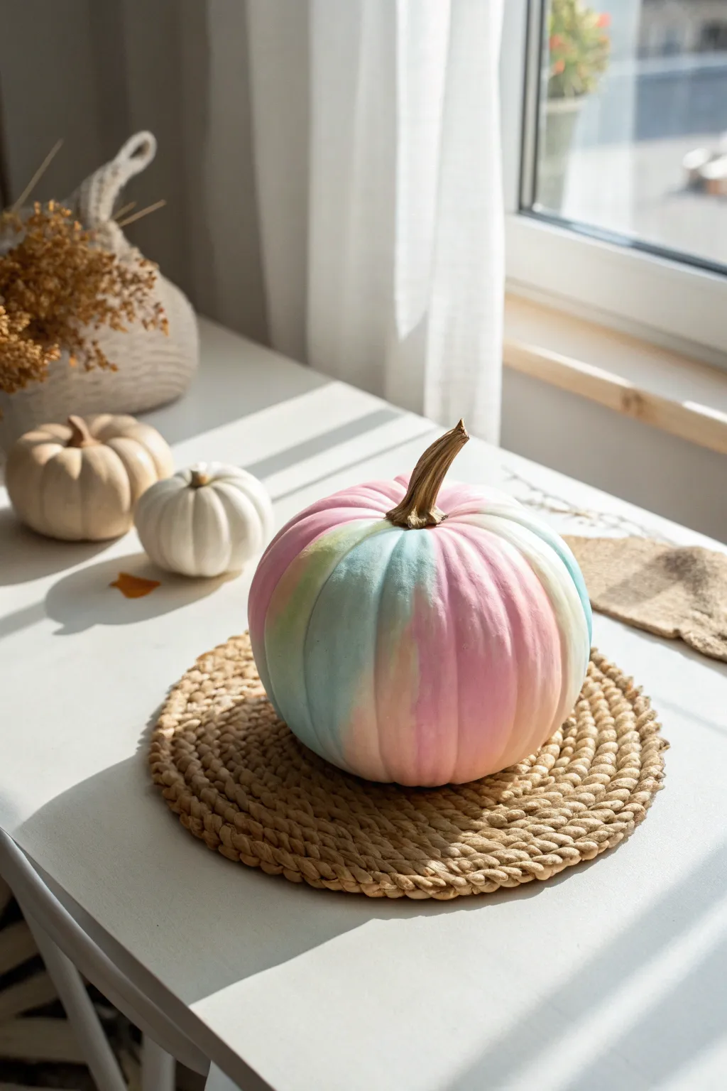 Bring a splash of joy to your space with this charming rainbow-painted pumpkin.