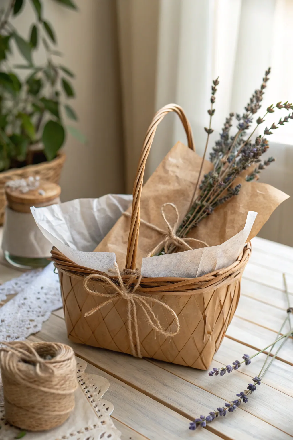 Embrace eco-friendly elegance with a naturally wrapped gift basket.