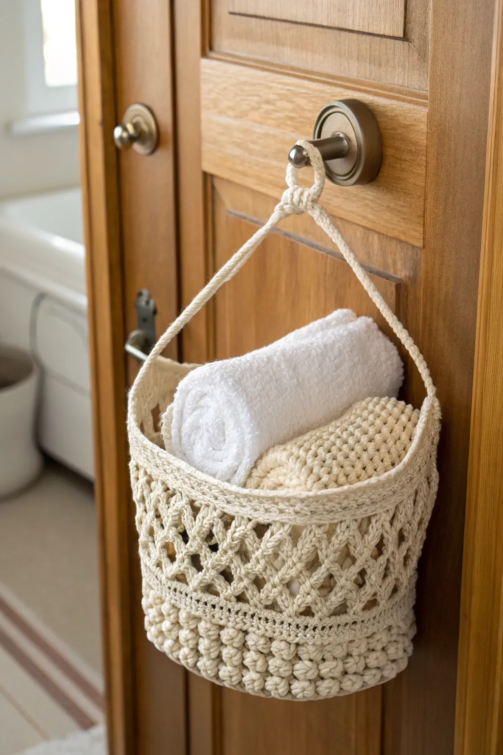 Elevate your decor with a charming crochet hanging door basket—perfect for adding a touch of handcrafted elegance to any room.
