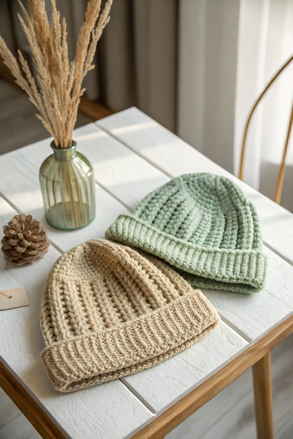 Handcrafted harmony: Matching crochet beanies for cozy adventures together.