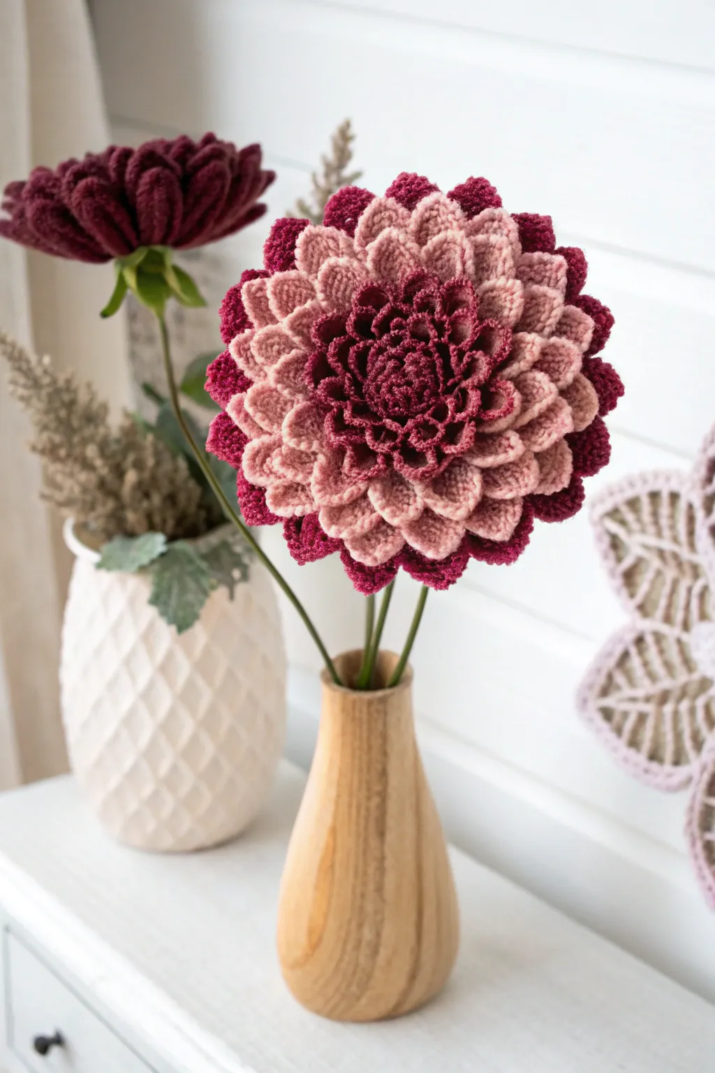 Elevate your space with the dramatic elegance of a crochet dahlia masterpiece.