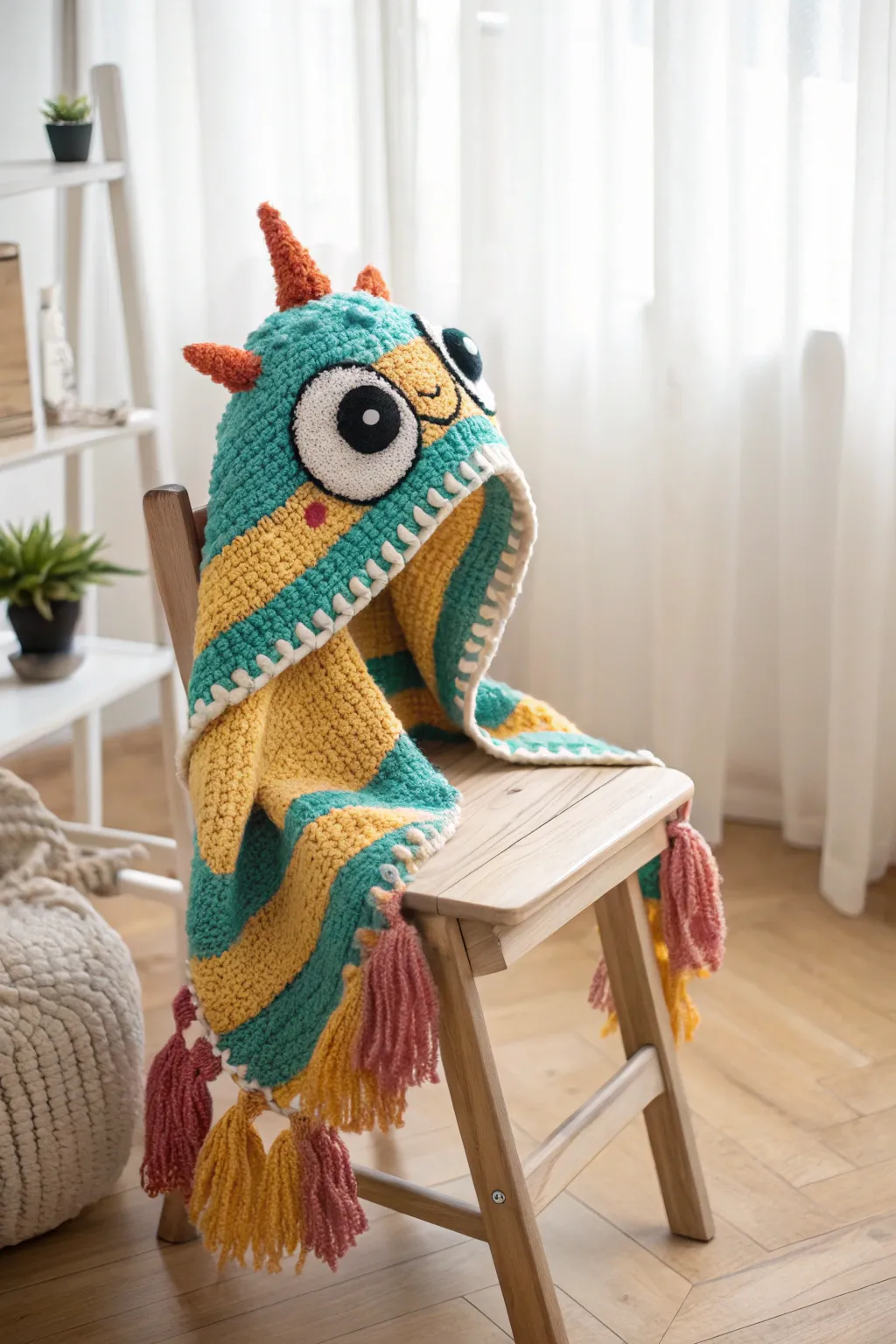 Unleash your creativity with this charming crochet monster hoodie—where playful meets artistry in a minimalist setting.