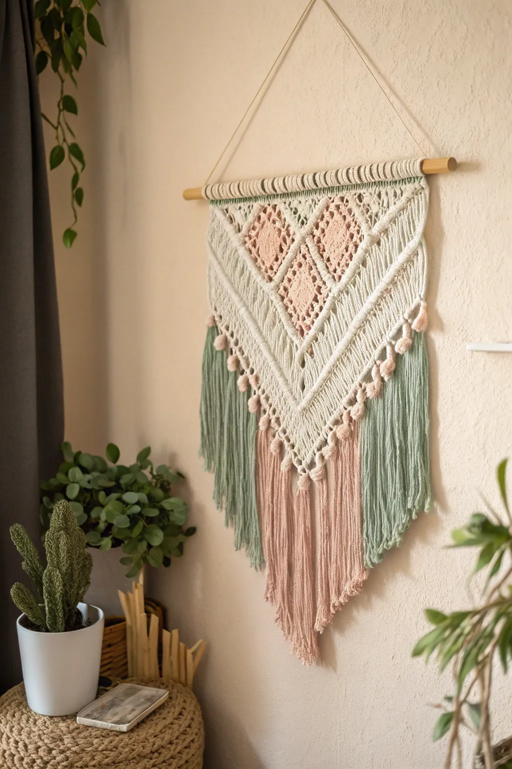 Embrace the art of crochet with this stunning wall hanging, where simplicity meets bohemian elegance. Perfect for adding a touch of handcrafted beauty to any space.