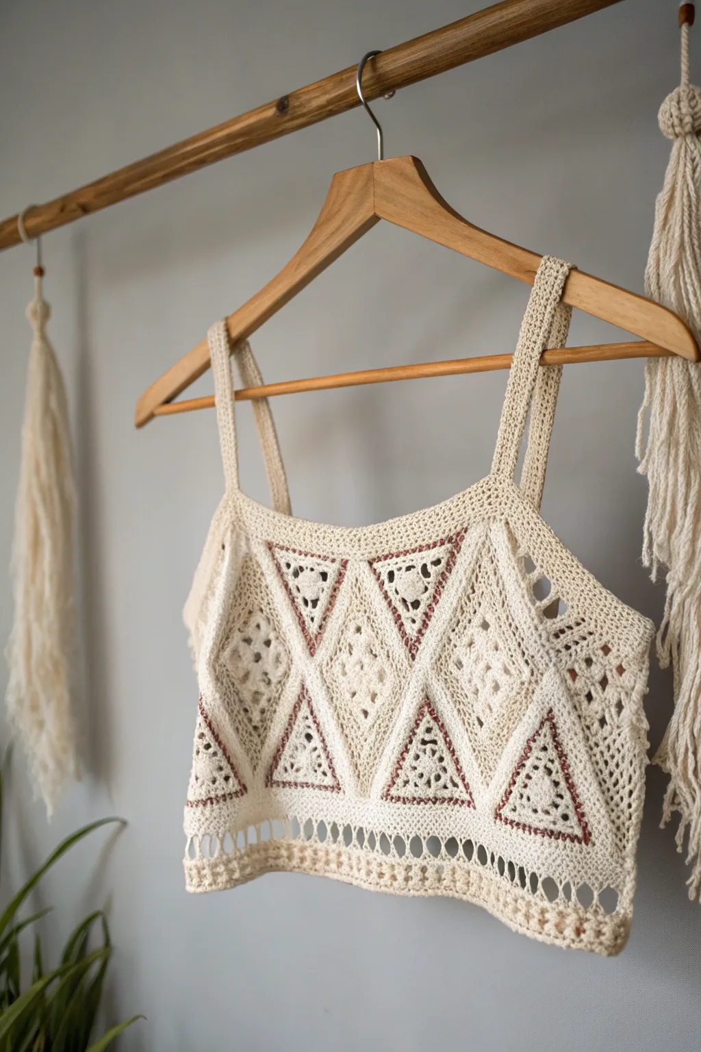 Embrace creativity with this handcrafted geometric pattern crop top, a perfect blend of Scandinavian minimalism and boho charm.
