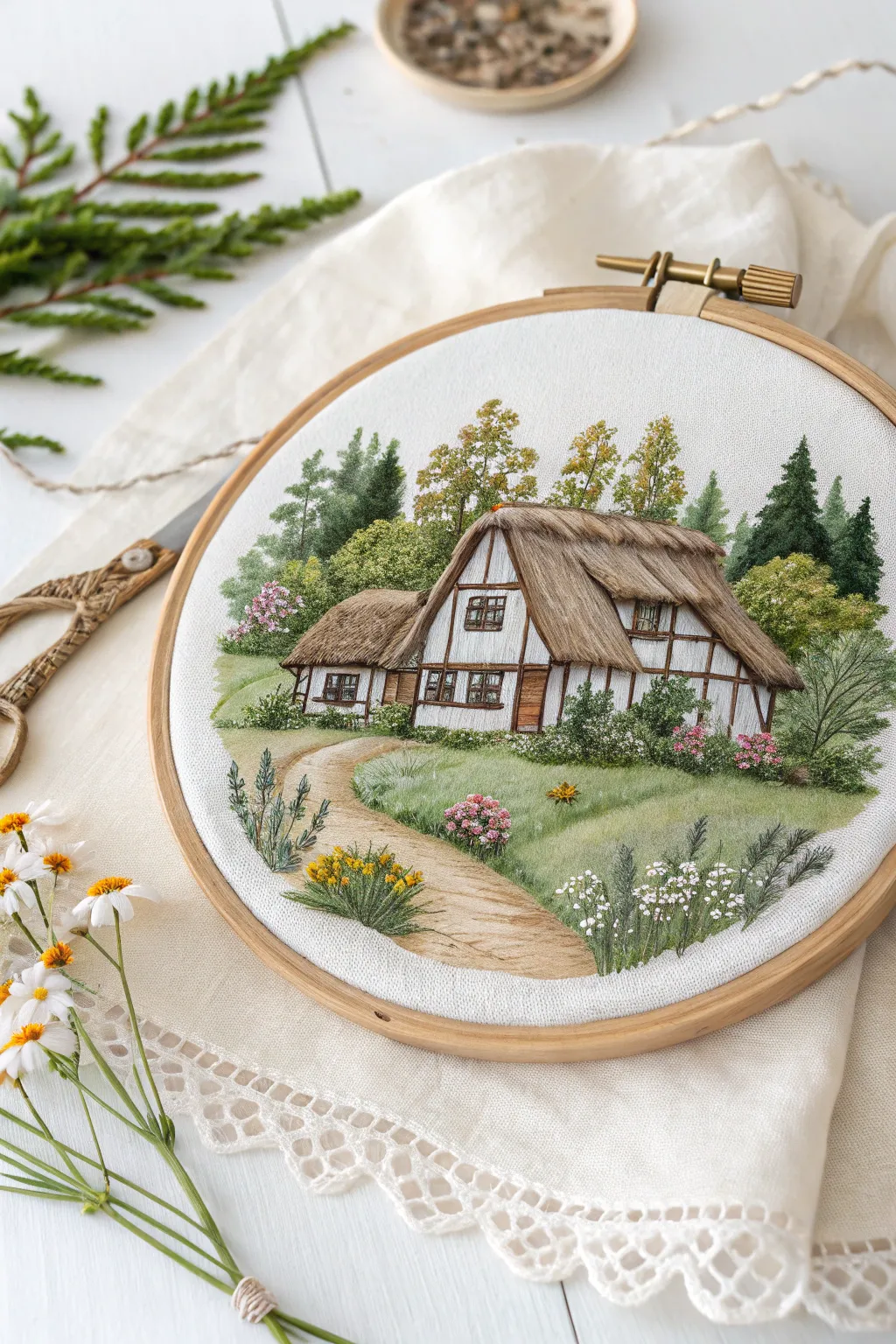 Capture the serenity of countryside living with this charming cross stitch cottage scene.