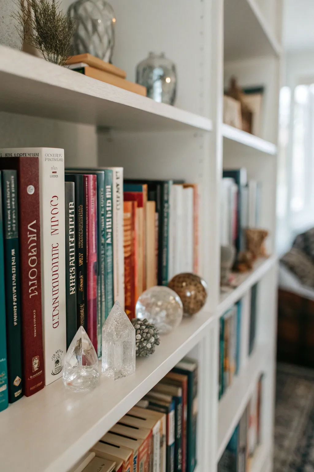 A bookshelf elegantly combining books and crystal displays.