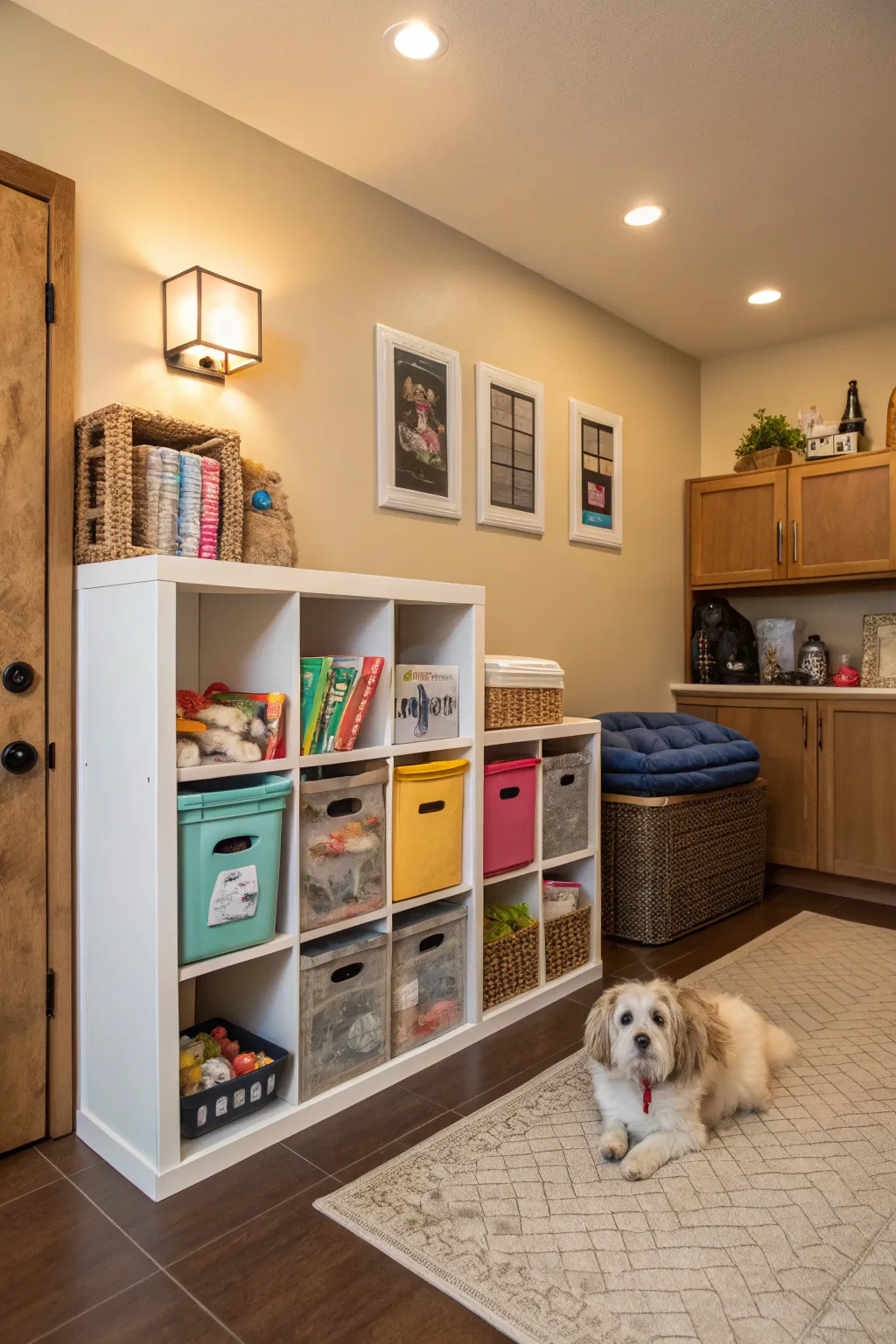 Cube storage keeps pet areas organized and chic.