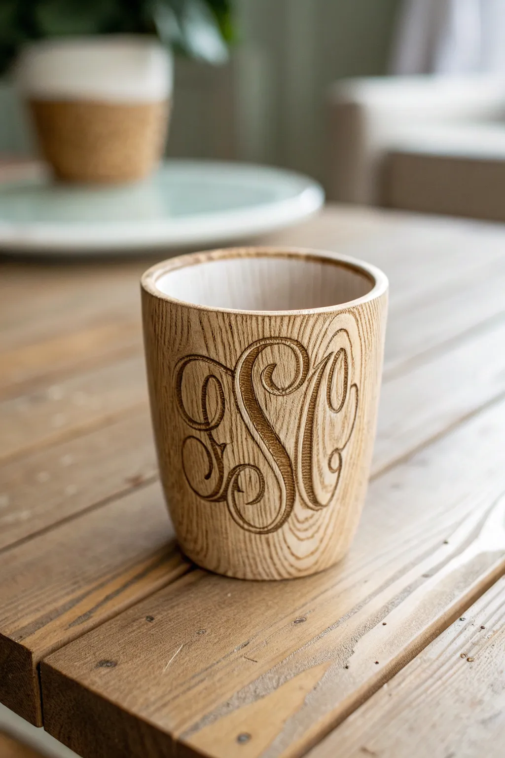 Embrace rustic elegance with a woodgrain monogram cup, perfect for adding a touch of natural charm to any setting.
