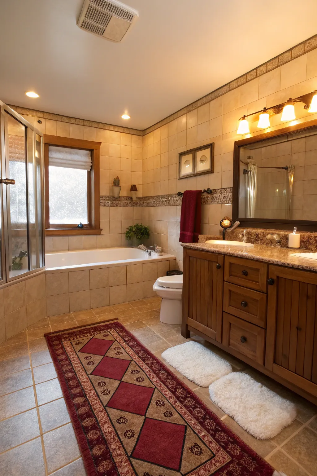 Heated floors provide warmth and comfort in this elegant bathroom.