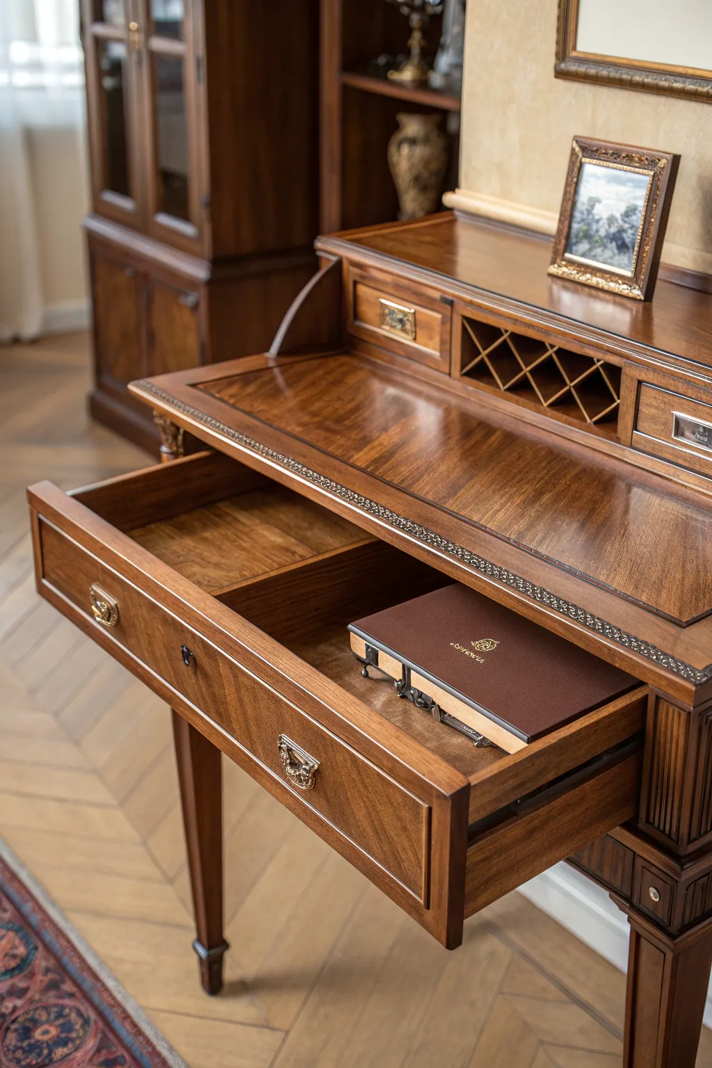 Discover the art of craftsmanship with this desk's ingenious hidden compartment.
