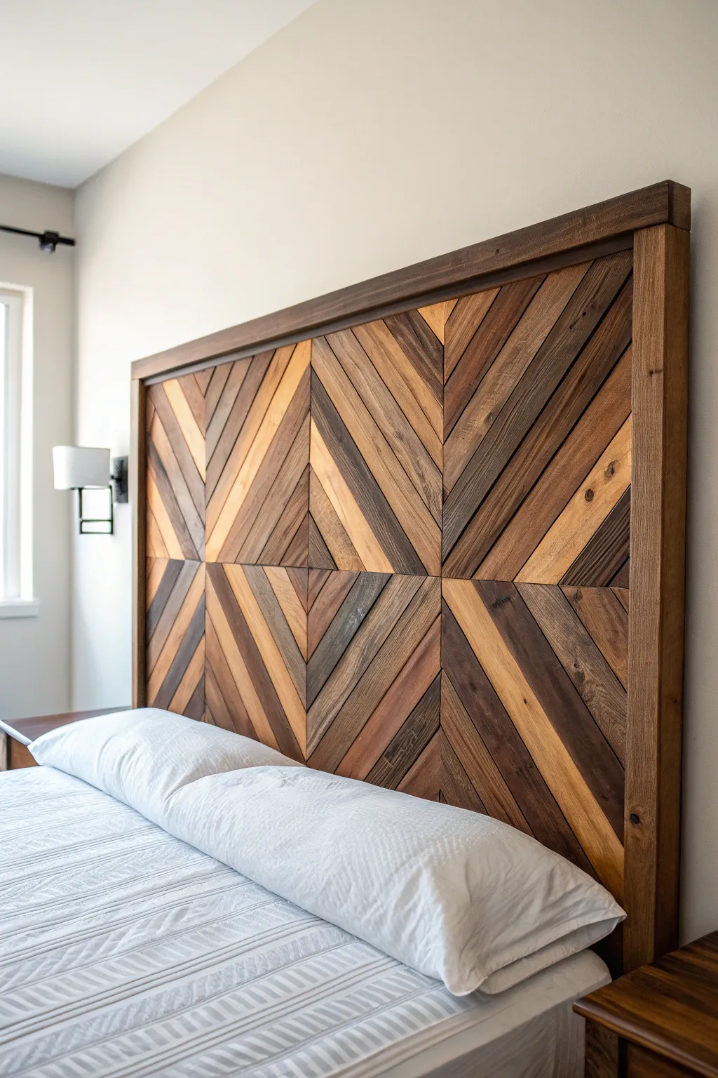 Transform your bedroom with a bespoke chevron-patterned headboard, where craftsmanship meets style.