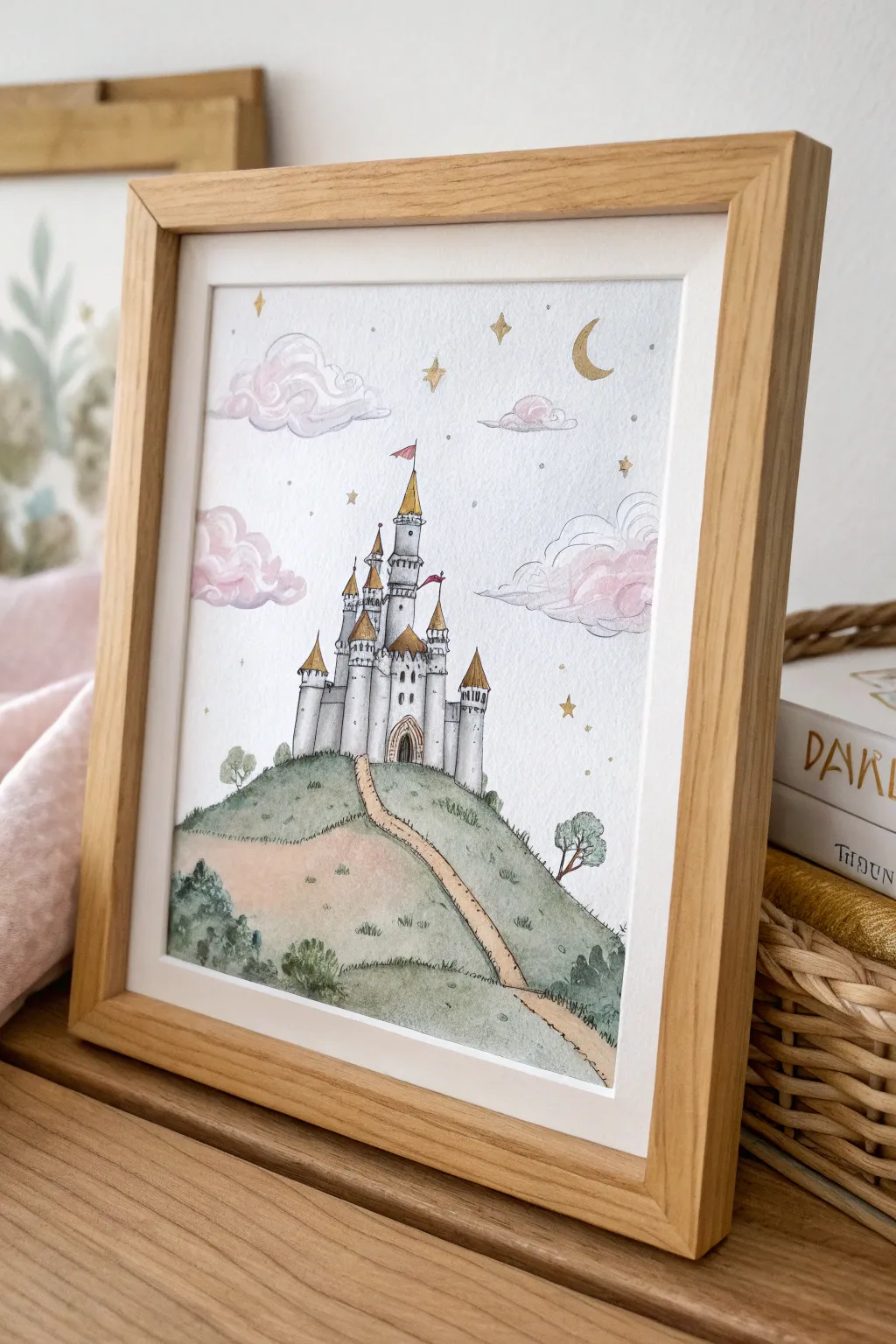 Step into a world of whimsy and wonder with this enchanting fairytale castle watercolor. Perfect for dreamers who love minimalist charm.