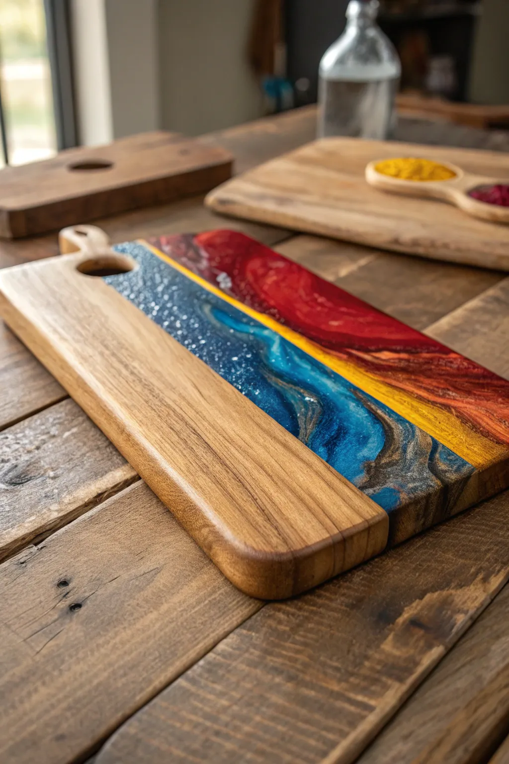 Elevate your kitchen with a splash of color: handcrafted cutting board with stunning resin inlays.