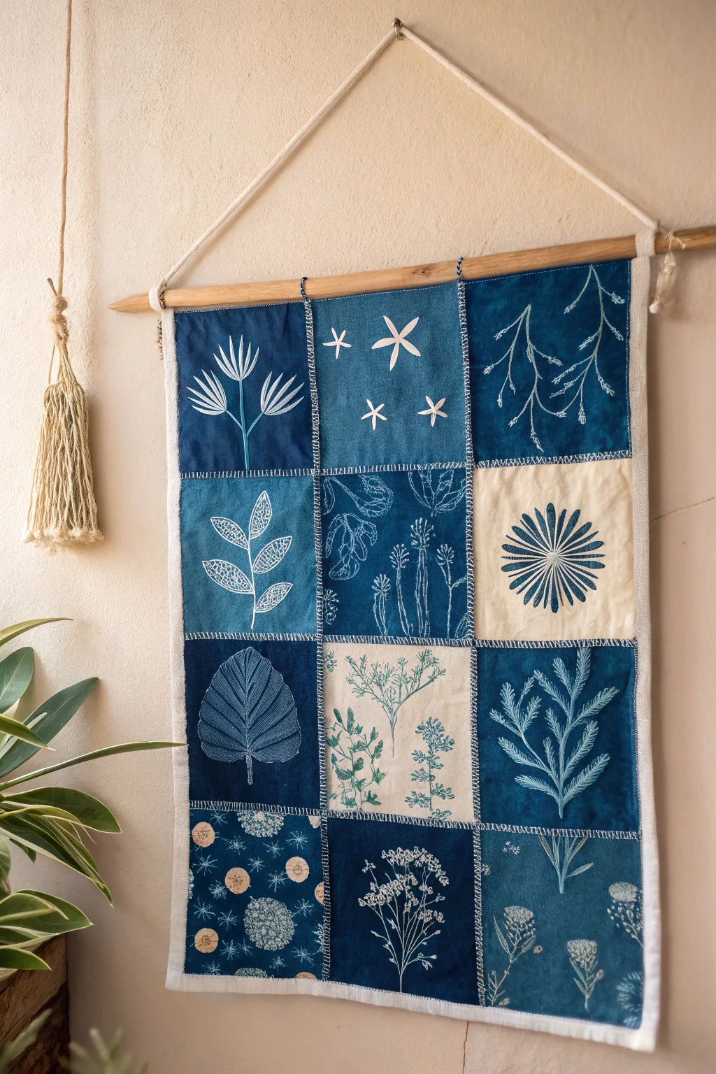 Embrace the beauty of nature and craftsmanship with a stunning patchwork cyanotype masterpiece.