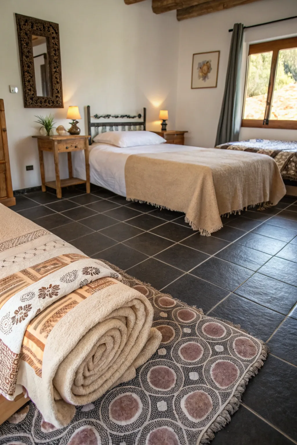 A cozy bedroom retreat with dark tiles.