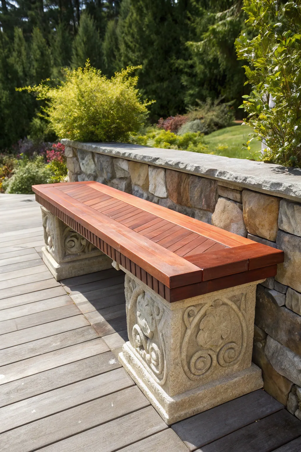 Elevate your deck with the timeless charm of a stone and wood bench.