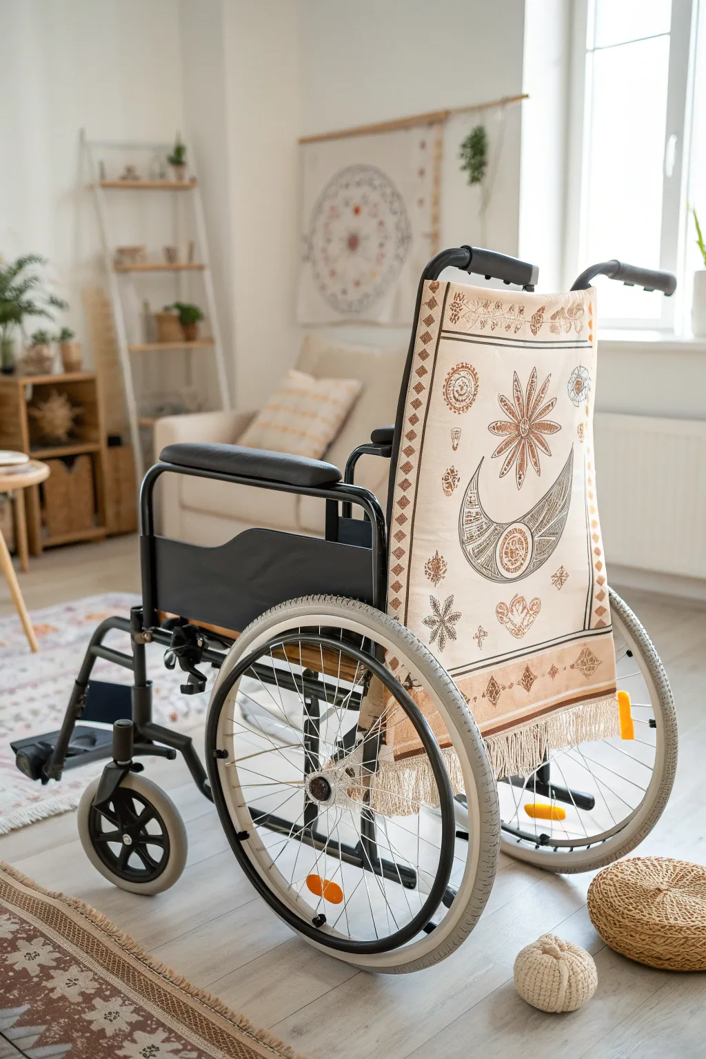 Embrace cultural elegance: A wheelchair adorned with heritage-inspired motifs for a touch of personal artistry.