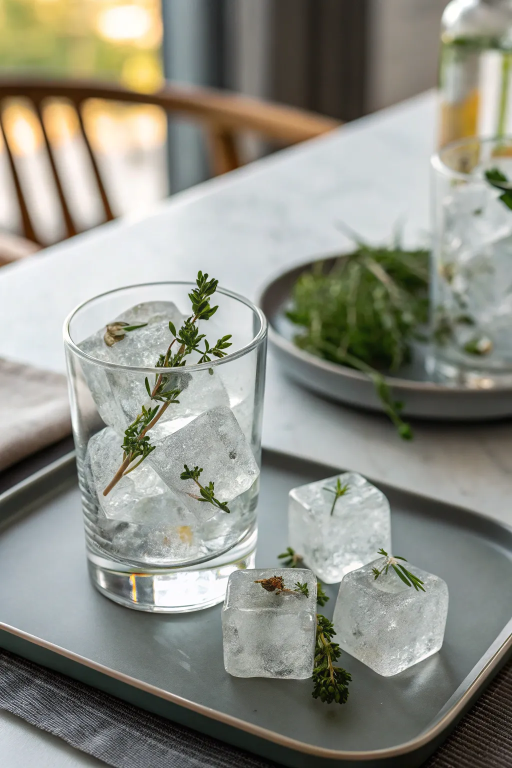 Clear ice cubes showcase embedded elements beautifully.
