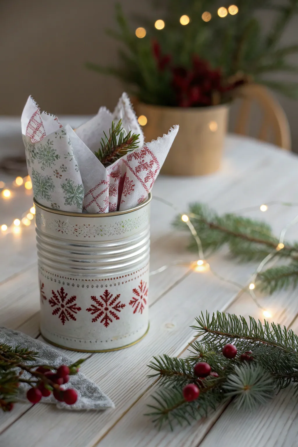 Elevate your holiday decor with this charming upcycled tin can centerpiece—simple, sustainable, and stylish!