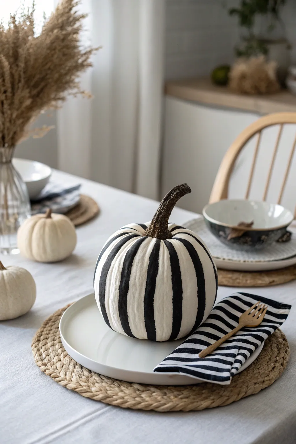 Elevate your fall decor with chic striped decoupage pumpkins for a touch of effortless elegance.