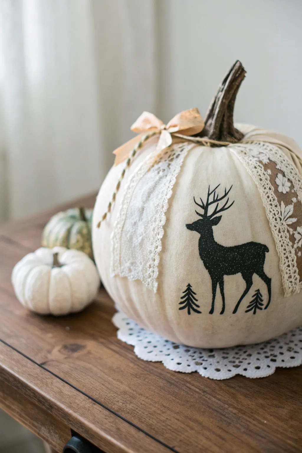 Embrace the beauty of nature with this enchanting mixed media deer pumpkin, where simplicity meets artistry.
