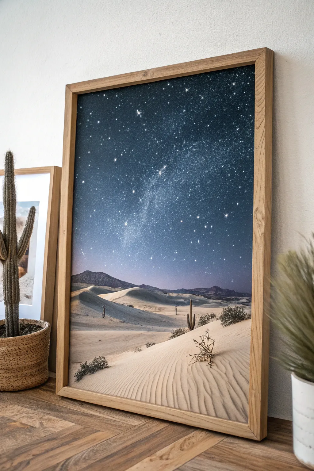 Embrace the tranquility of a starry desert night with this minimalist masterpiece.