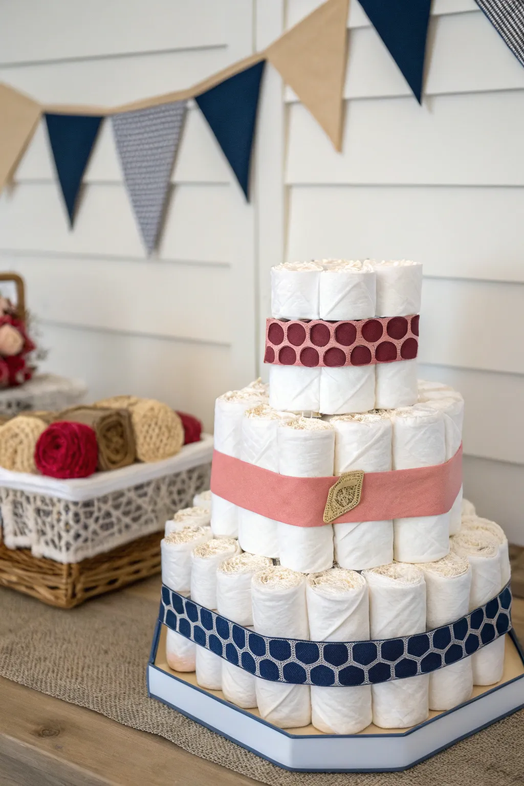 Elevate the baby shower with this modern geometric diaper cake, where minimalist style meets boho charm.