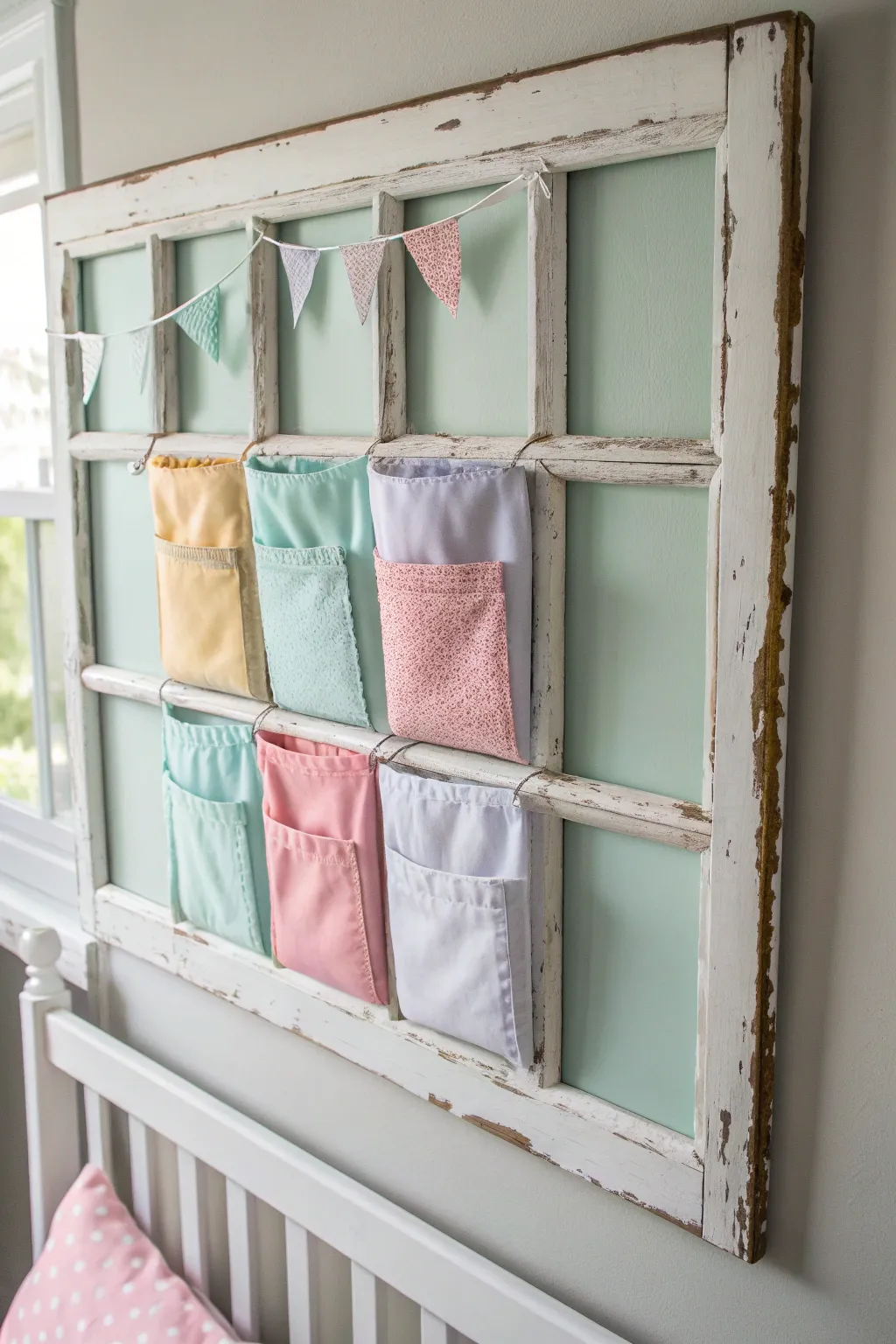 Transform your nursery with a charming upcycled window frame diaper holder—where simplicity meets character.