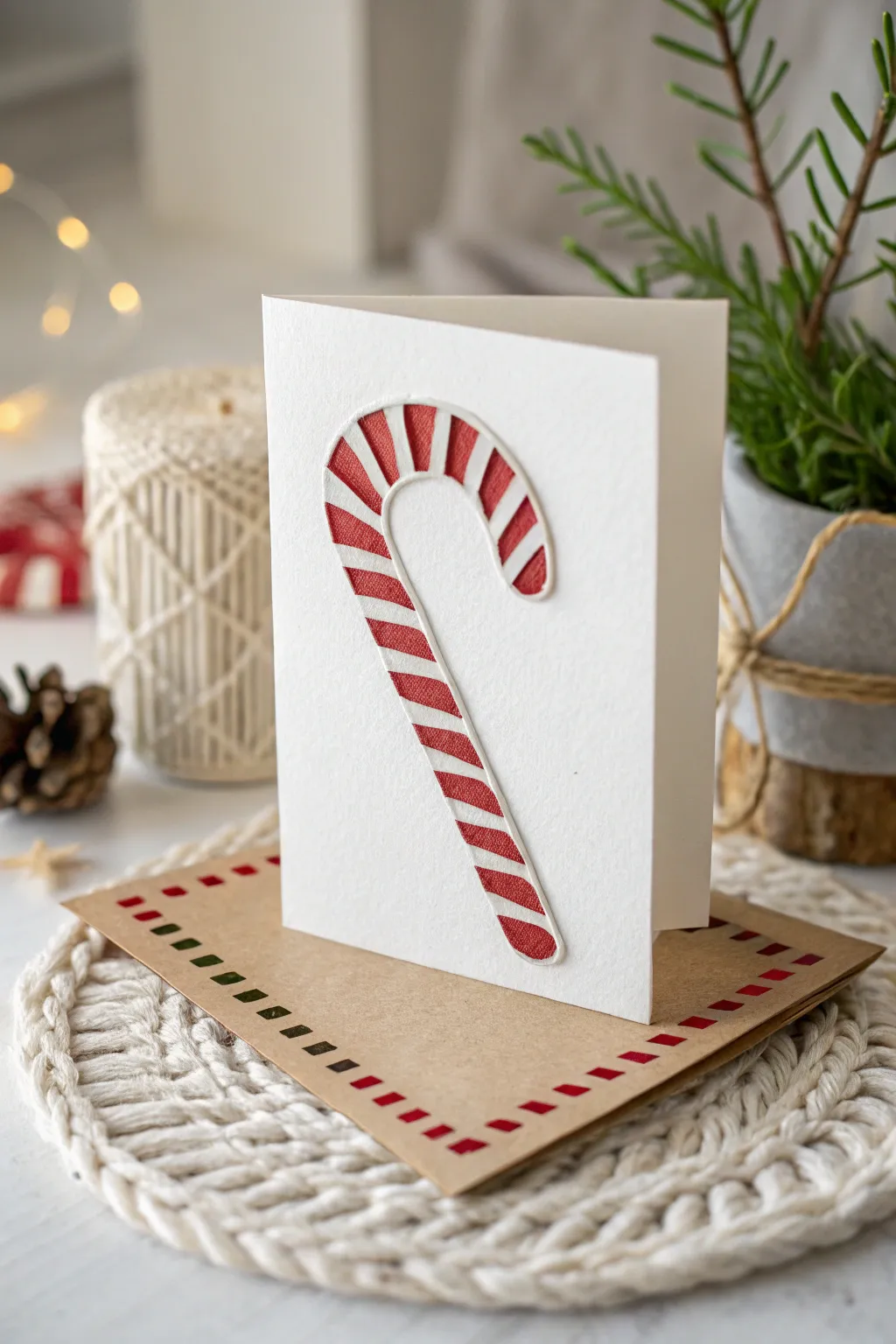 Embrace the sweet simplicity of the season with this candy cane Christmas card, a perfect blend of nostalgia and minimalist elegance.