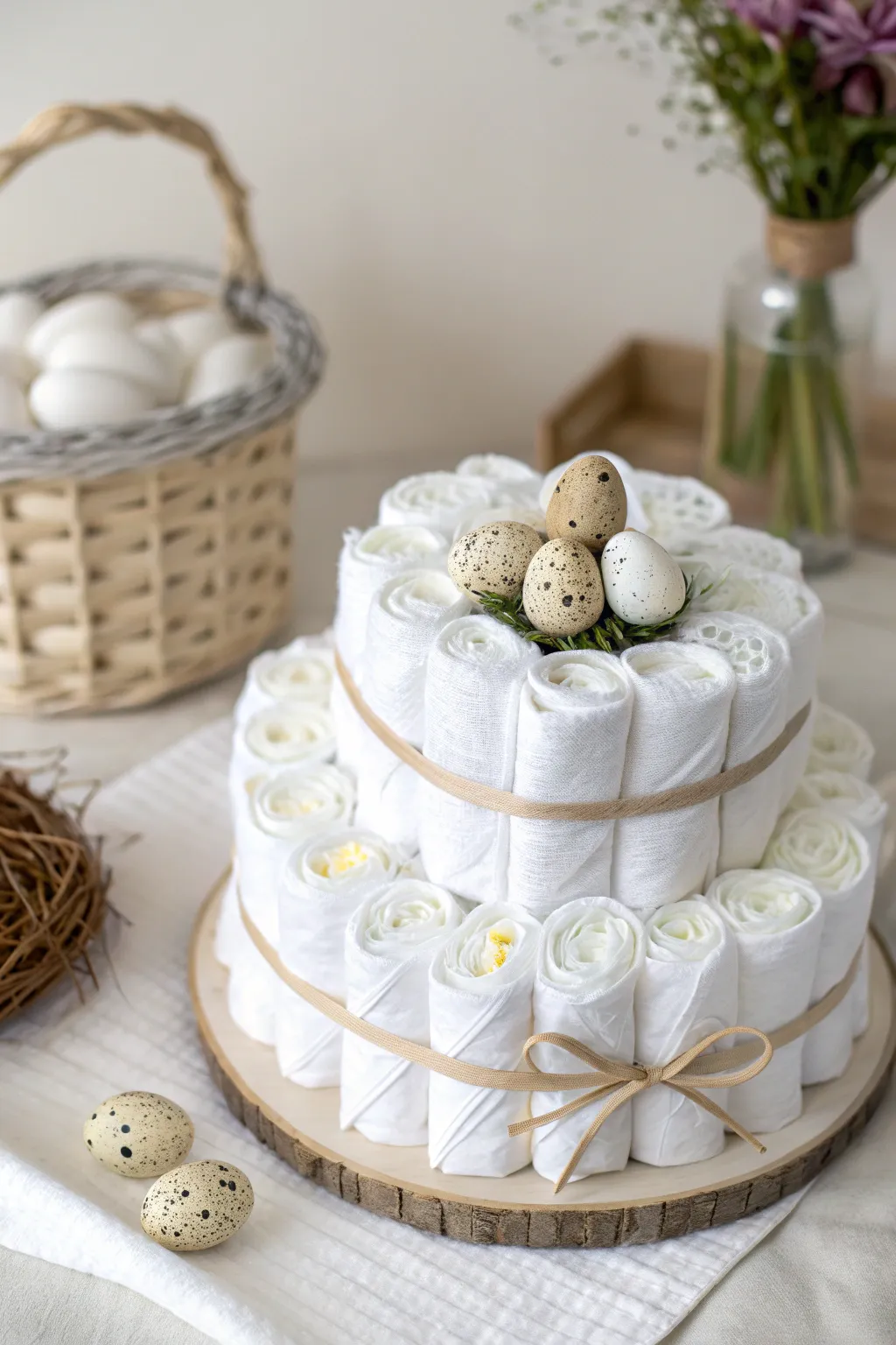 Discover the charm of a Dino Egg Nest diaper cake—a delightfully crafted centerpiece for your next baby shower!