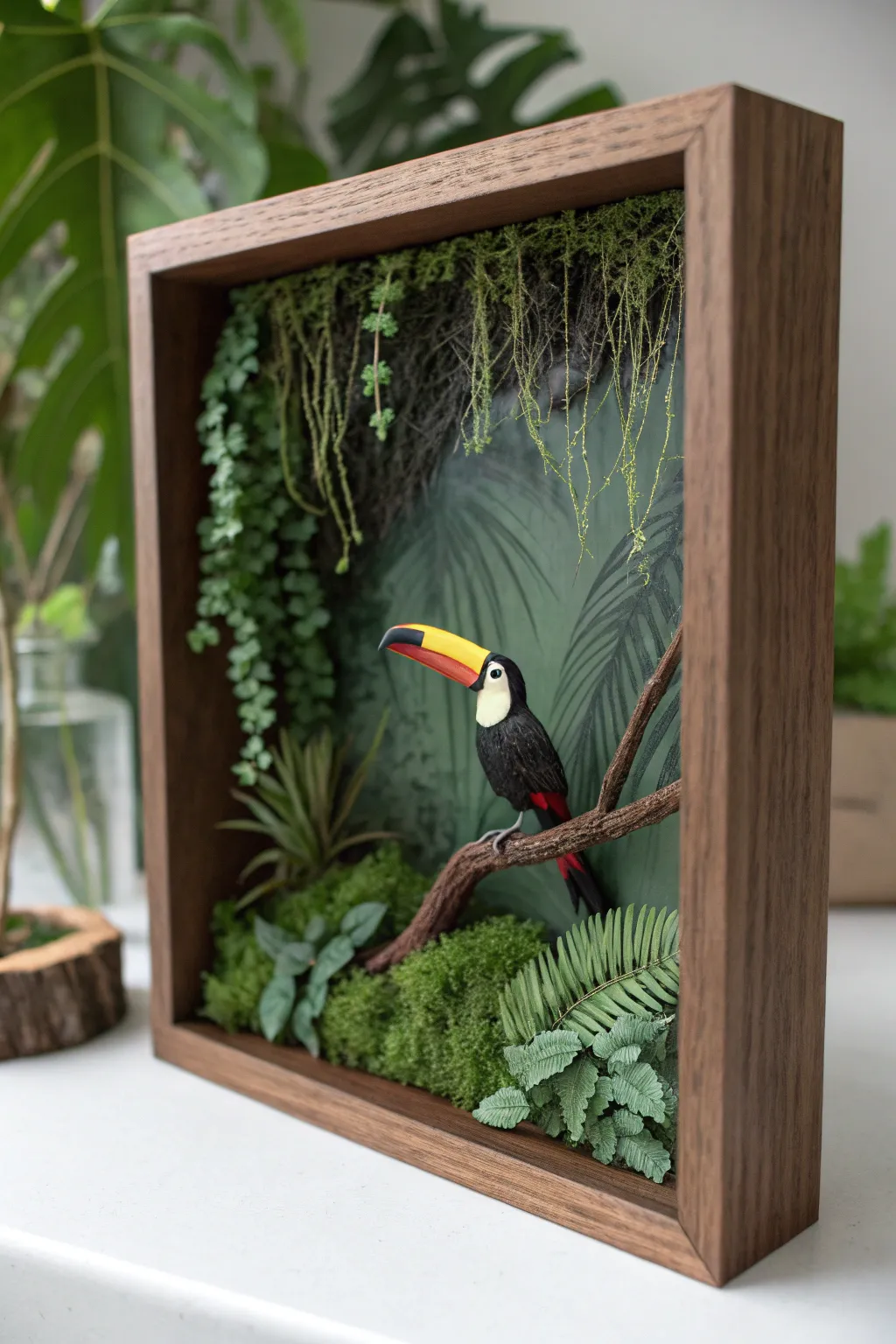 Step into a serene rainforest adventure with this beautifully crafted diorama, where simplicity meets exotic allure.