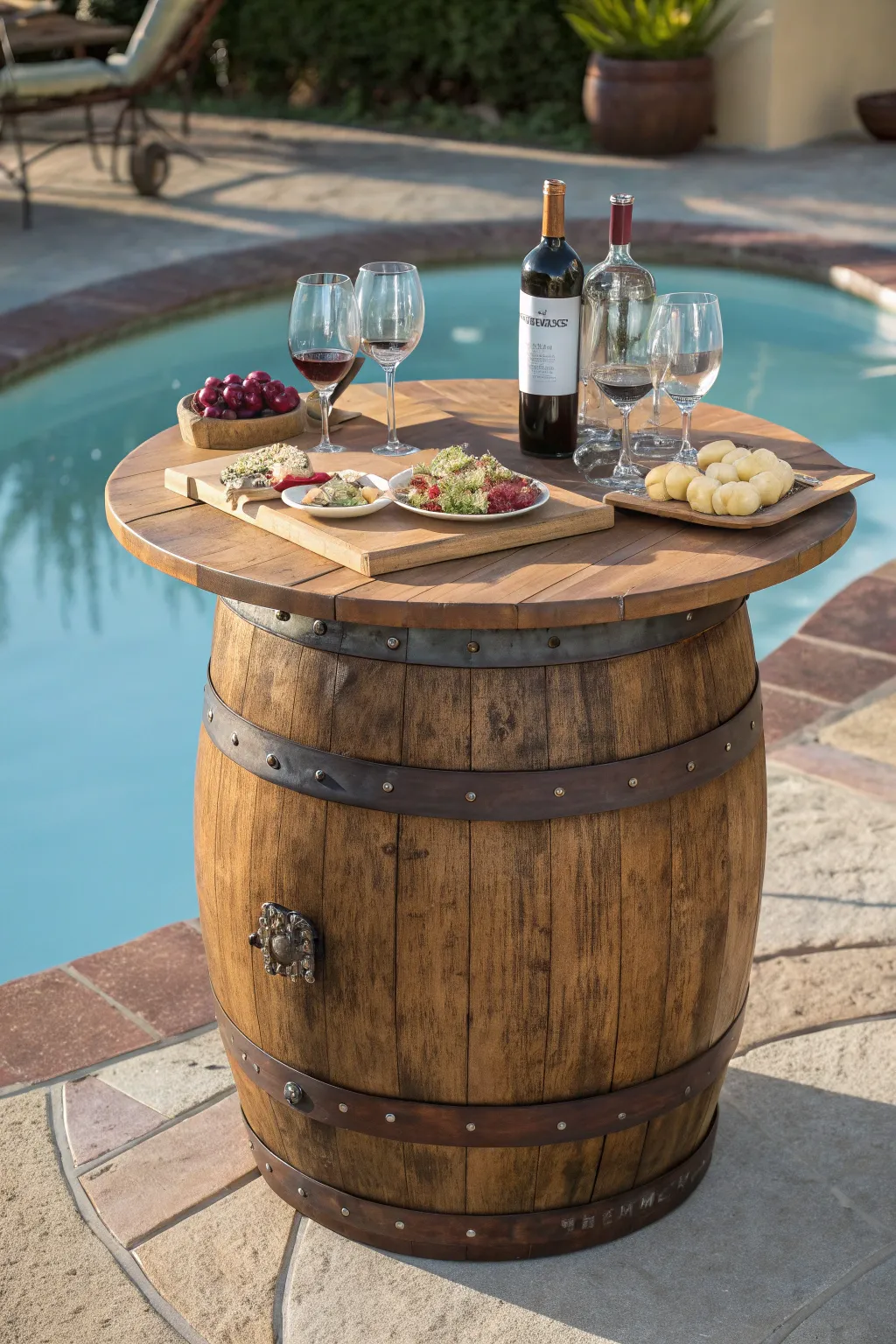 Transform your poolside with this handcrafted wine barrel bar – a perfect blend of style and function.