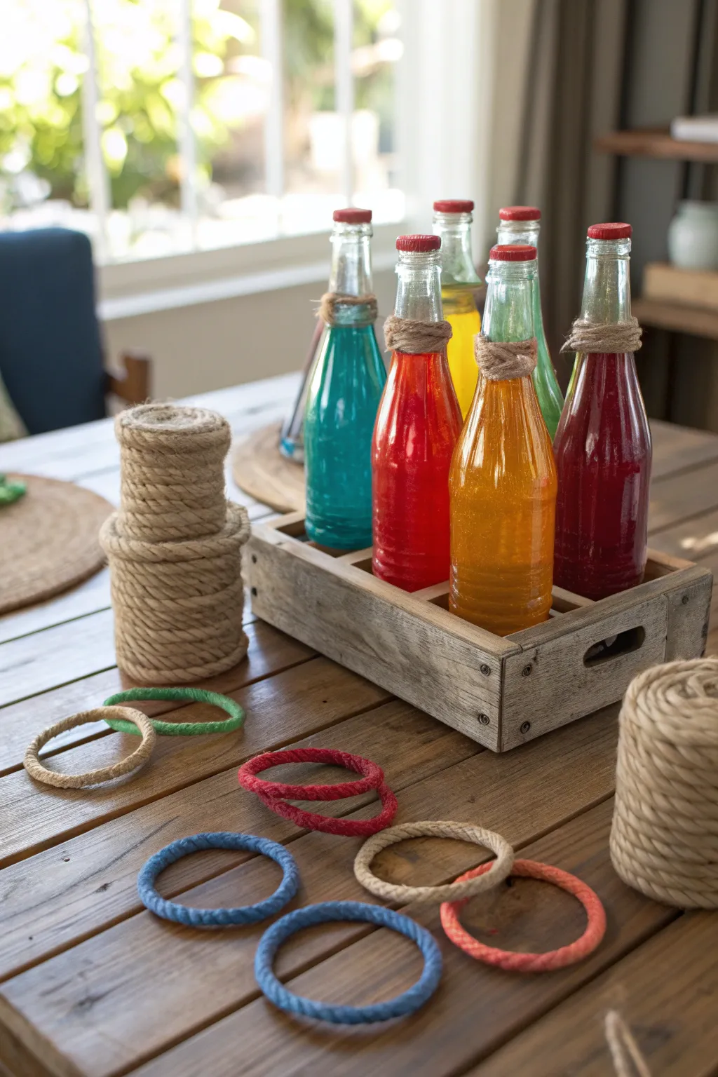 Craftsmanship at play: Transform recycled bottles and twine into a vibrant ring toss game.