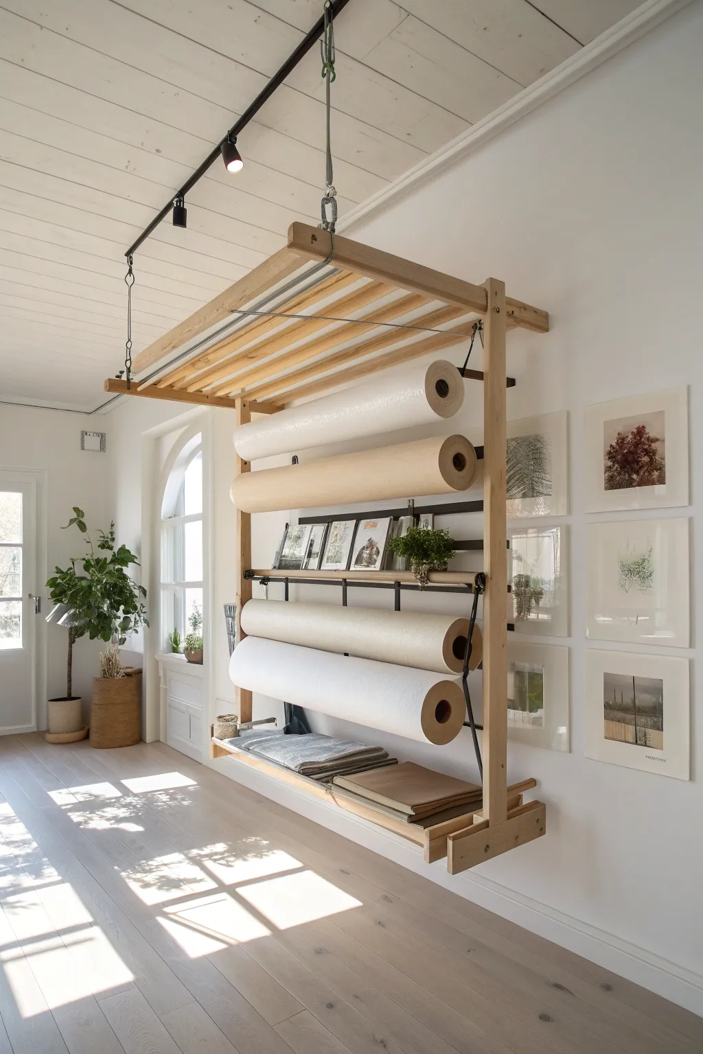 Elevate your art space with stunning ceiling-mounted storage that combines minimalist beauty and practical design.