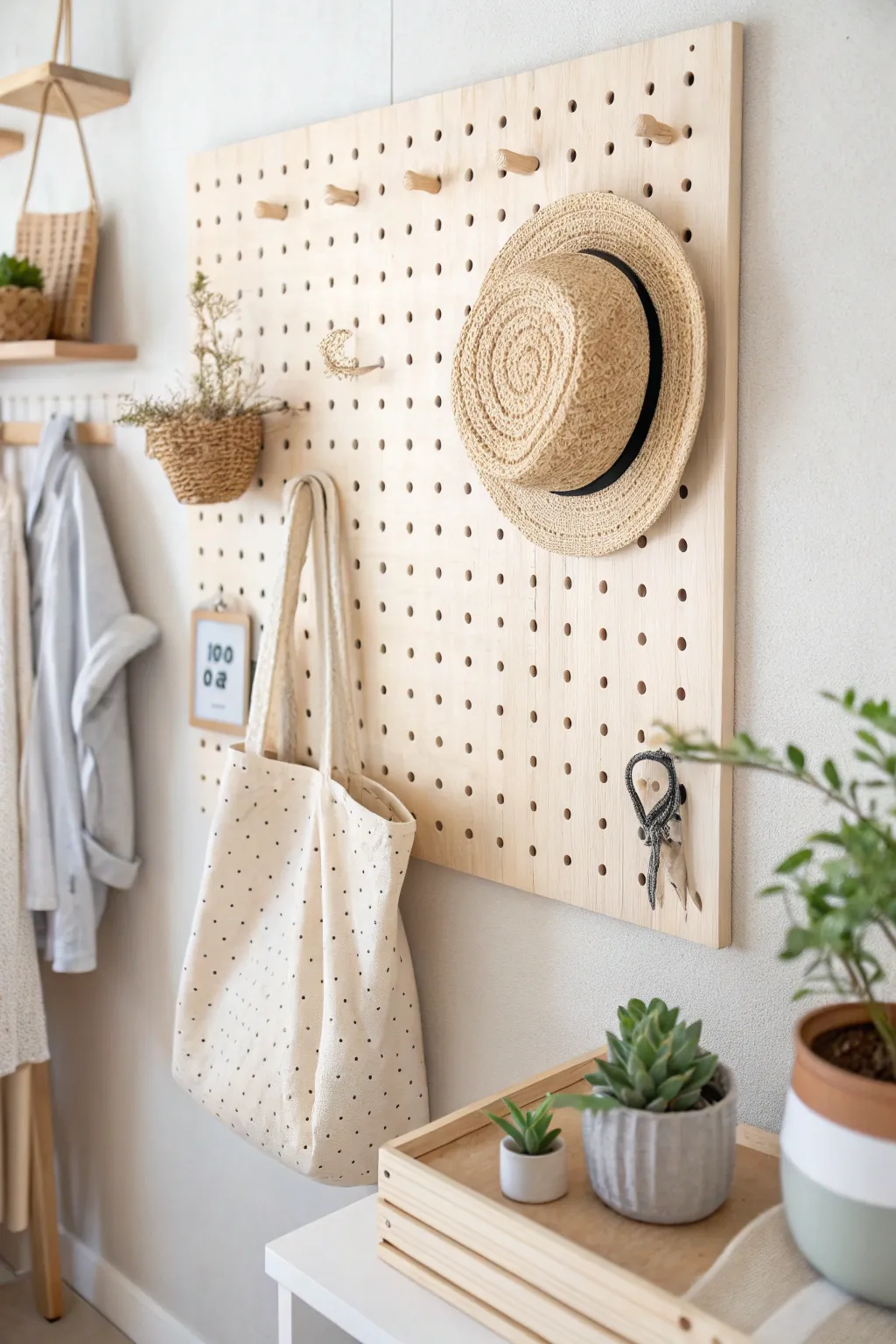 Transform your baby's room with a chic pegboard wall that blends Scandinavian minimalism with Boho charm!