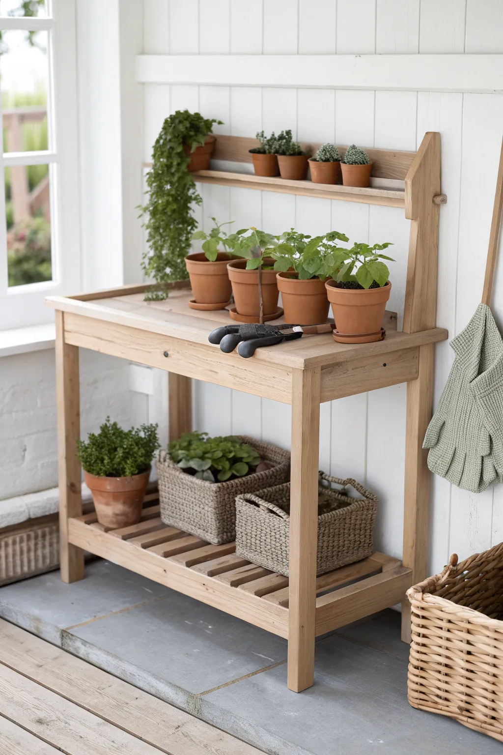 Transform your gardening experience with a minimalist potting bench that's as functional as it is beautiful.