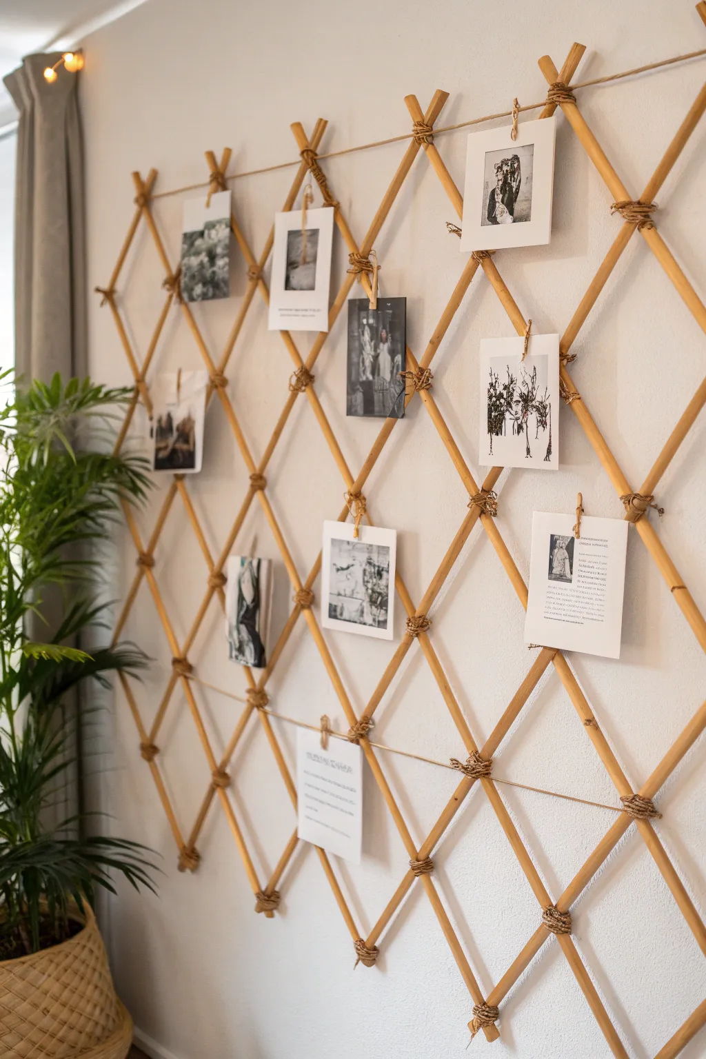 Elevate your space with a DIY bamboo wall grid – a minimalist touch filled with personal moments!