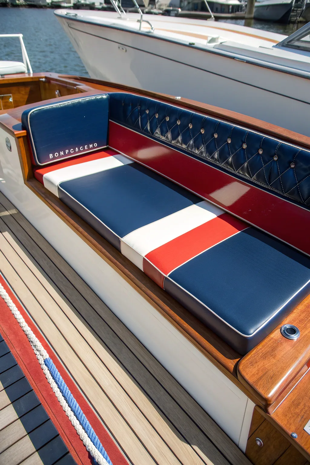 Set sail in style with this boldly painted nautical bench, where craftsmanship meets vibrant creativity.