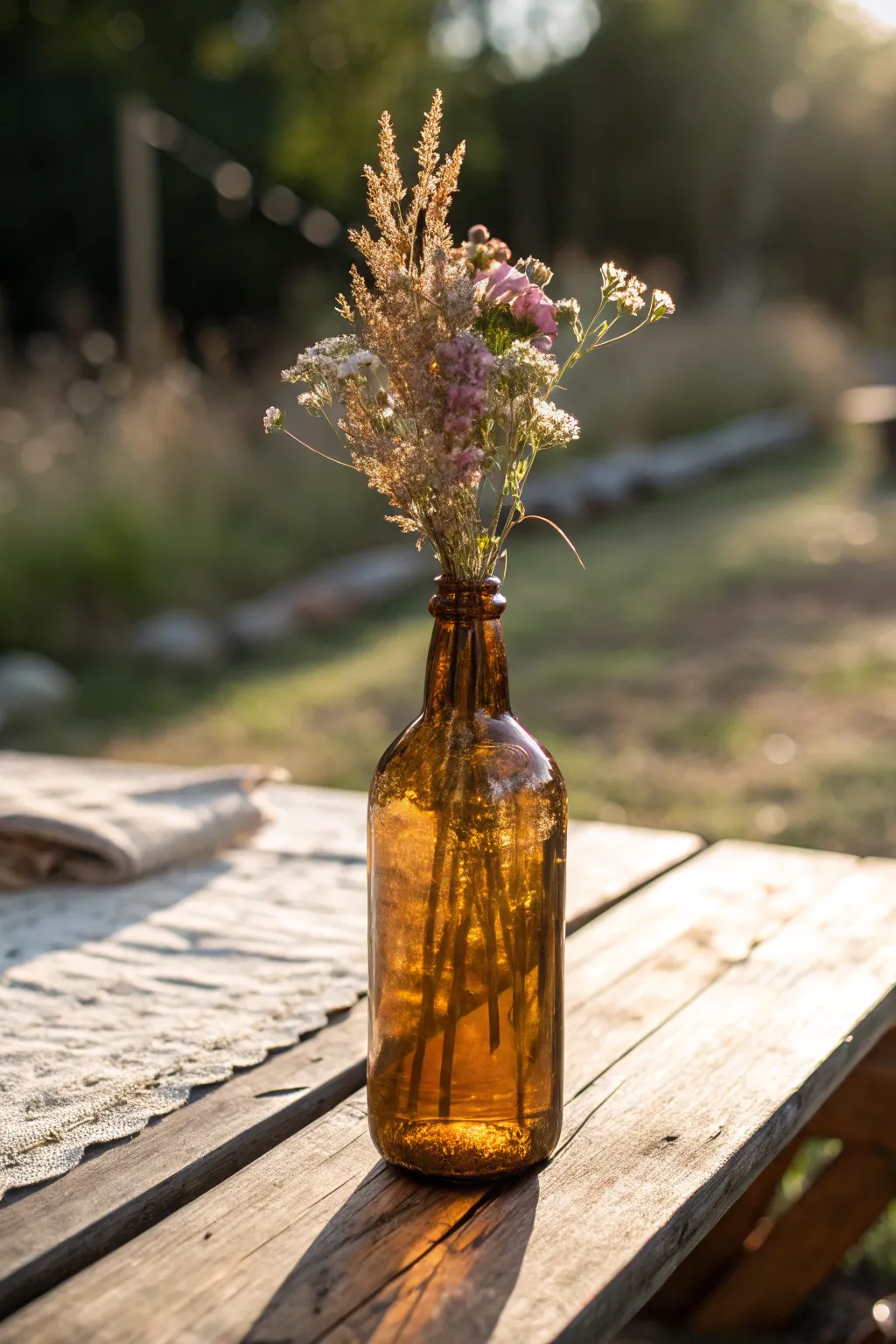 Transform your backyard party with the enchanting glow of vintage glass bottles.