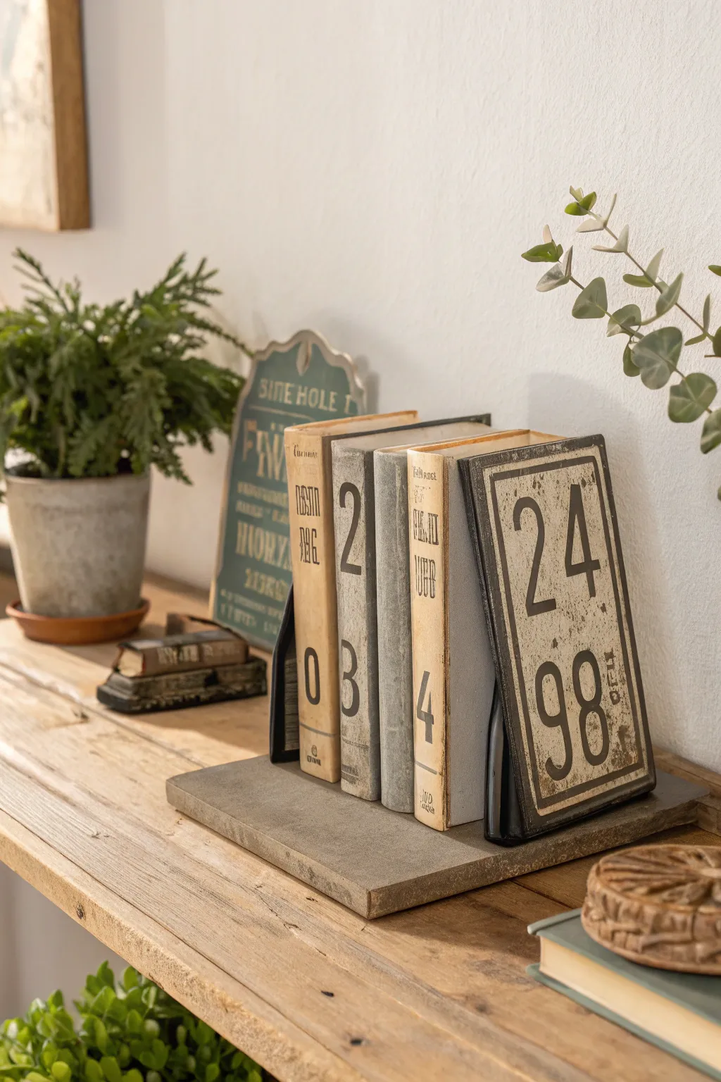 Transform your shelf with DIY license plate bookends — where industrial meets minimalism with a touch of nostalgia.
