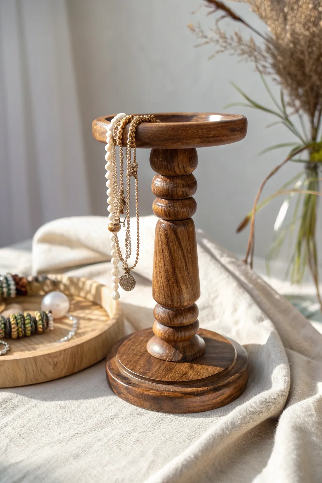 Transform vintage spindles into stunning bracelet displays that blend simplicity with natural elegance.